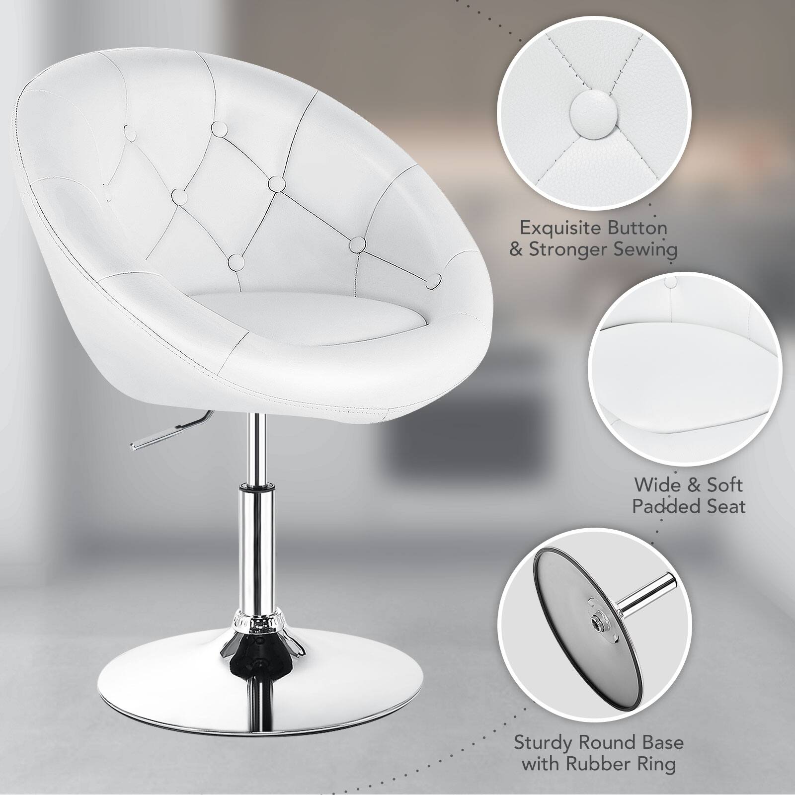 Exquisite Button & Stronger Sewing  
Wide & Soft Padded Seat  
Sturdy Round Base with Rubber Ring
