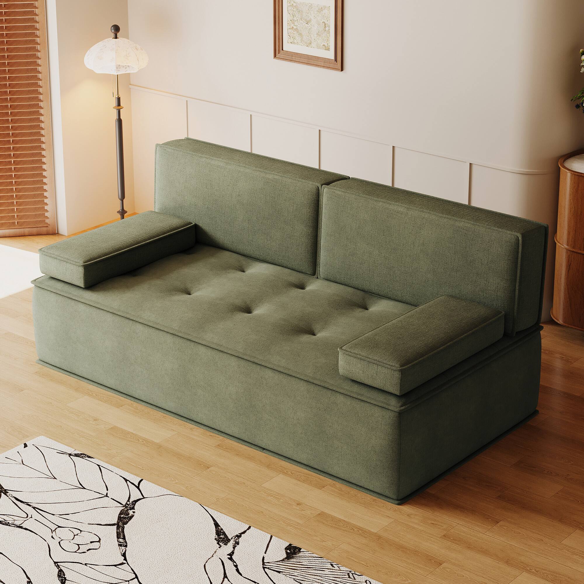 Back. luck idea - 79" Multi-Functional Fabric Sleeper Sofa, Convertible Couch Bed with Supportive Foam Cushion for Apartment & Studio - Green.
