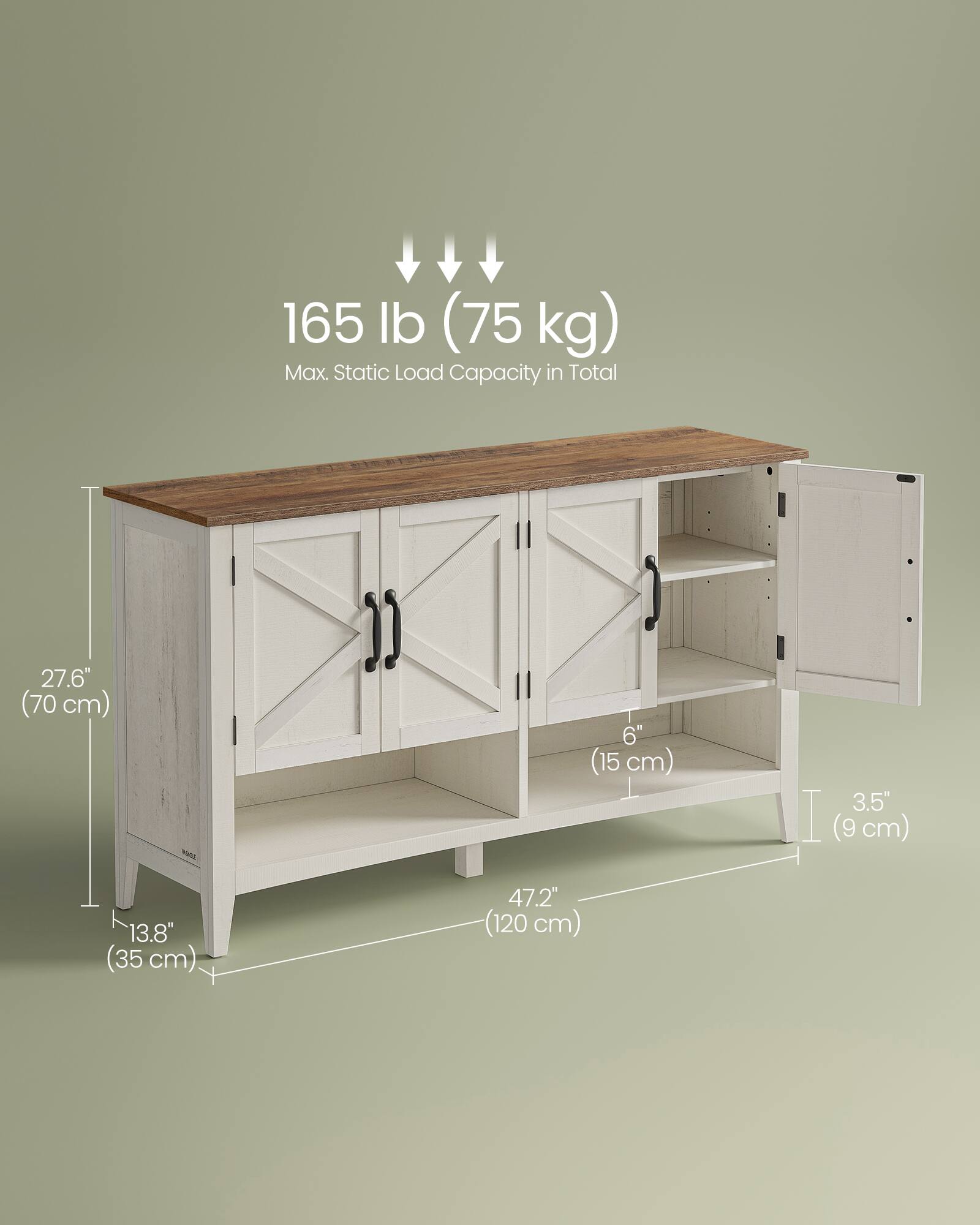 165 lb (75 kg) Max. Static Load Capacity in Total  
27.6" (70 cm) W  
6" (15 cm)  
3.5" (9 cm)  
13.8" (35 cm)  
47.2" (120 cm)