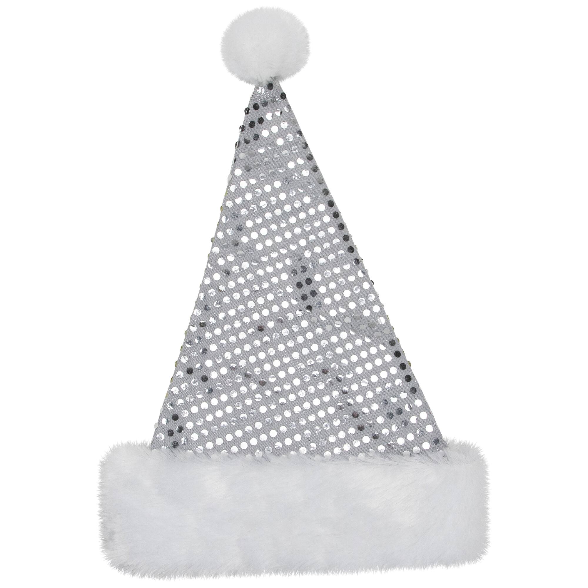 Alt View 2. Northlight - Unisex Adult Sequined Christmas Santa Hat with Cuff  - One Size - Silver and White - Silver.