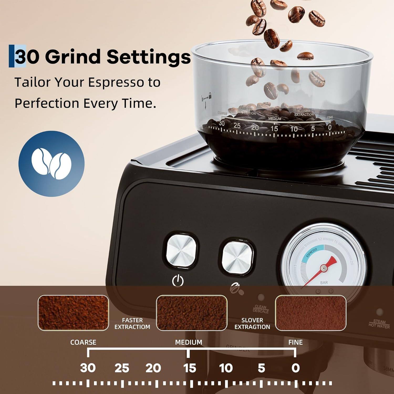 30 Grind Settings  
Tailor Your Espresso to Perfection Every Time.

30 25 20 15 10 5 0  
COARSE MEDIUM FINE  
FASTER EXTRACTION SLOWER EXTRACTION  
CLEAN DESCALING  
STEAM HOT WATER  
BAR