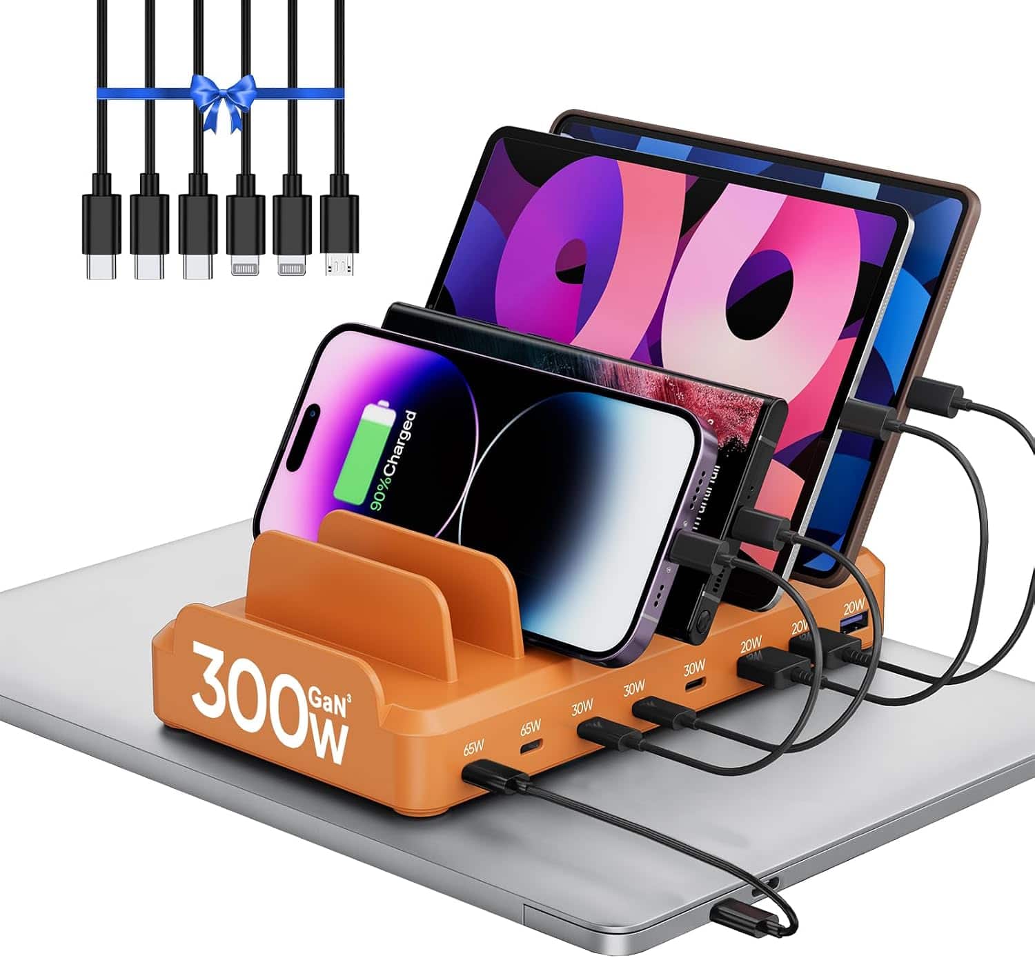 Core Tech - 300W 8-Port USB-C and USB-A Charging Station for Multiple Devices with 6 Cables - Orange