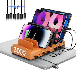 Core Tech - 300W 8-Port USB-C and USB-A Charging Station for Multiple Devices with 6 Cables - Orange