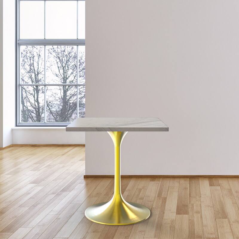 Alt View 1. LeisureMod - Verve 27 Inch Square Dining Table with Laminated White Marbleized Top, Brushed Gold Base Modern Bistro Accent Table - White.