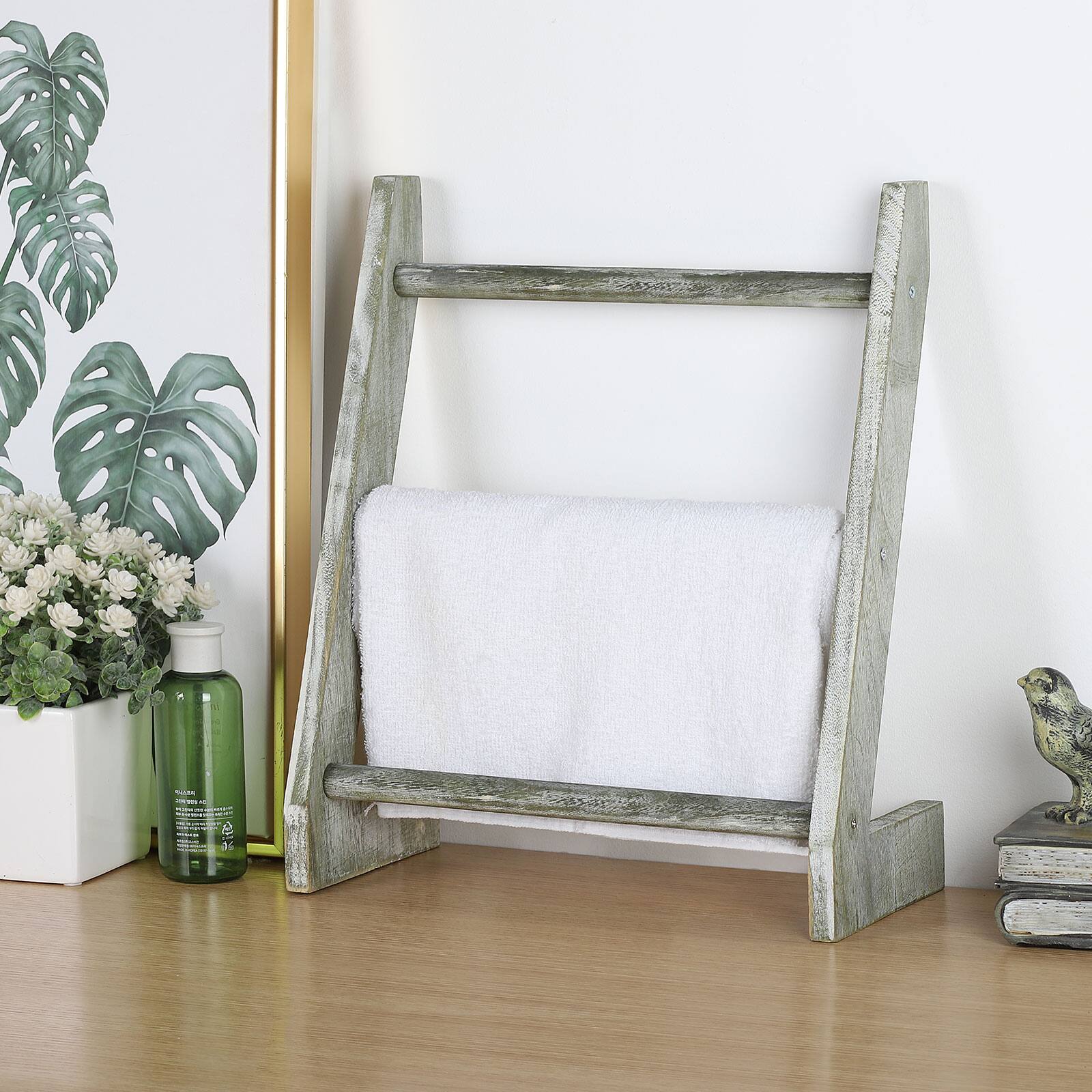 Alt View 1. Oumilen - Olive Green Wooden Ladder Towel Rack – Wall Mounted Bathroom Holder for Folded Towels - Olive Green.