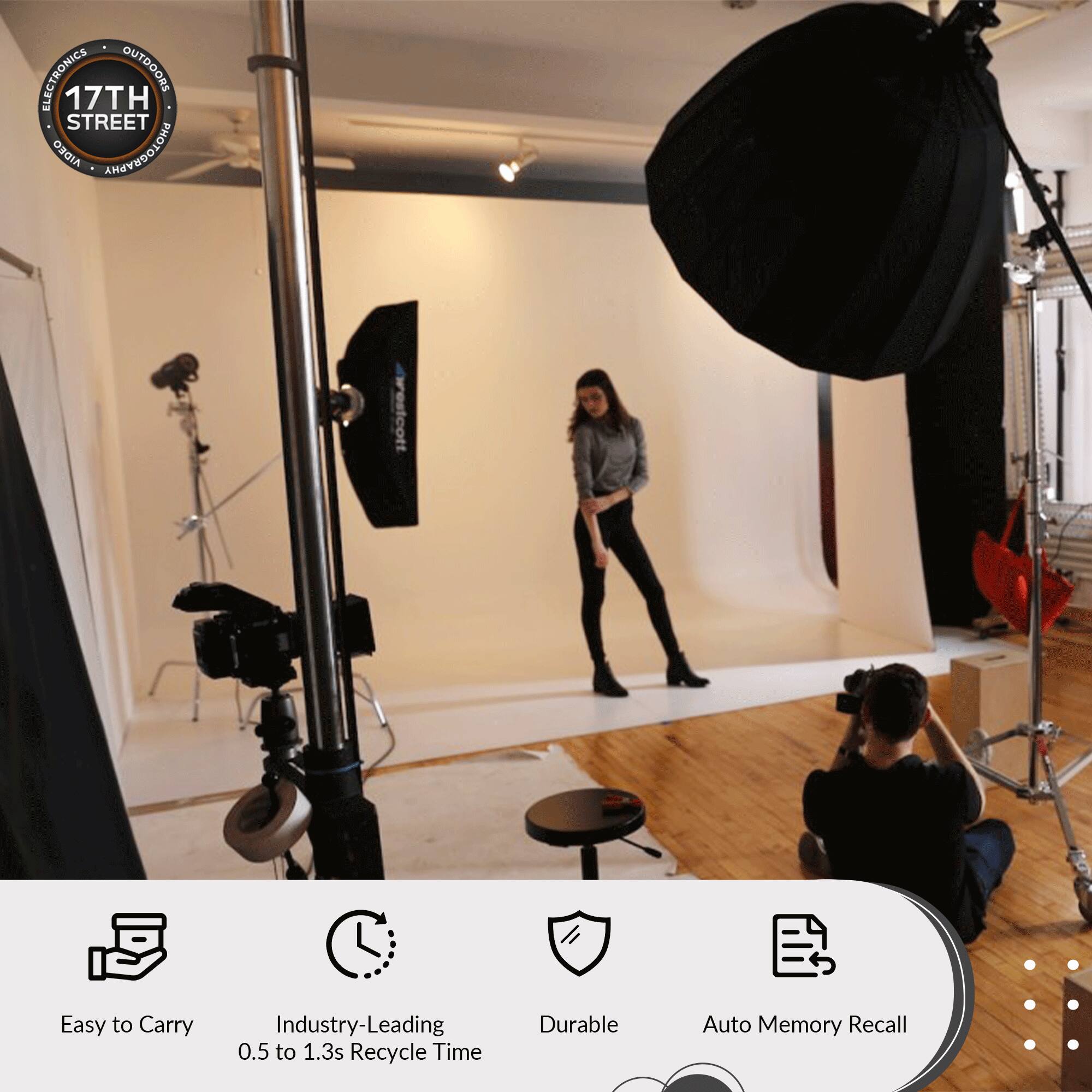 ELECTRONICS OUTDOORS  
17TH STREET  
ORDIA PHOTOGRAPHY  

restcott  

Easy to Carry  
Industry-Leading 0.5 to 1.3s Recycle Time  
Durable  
Auto Memory Recall