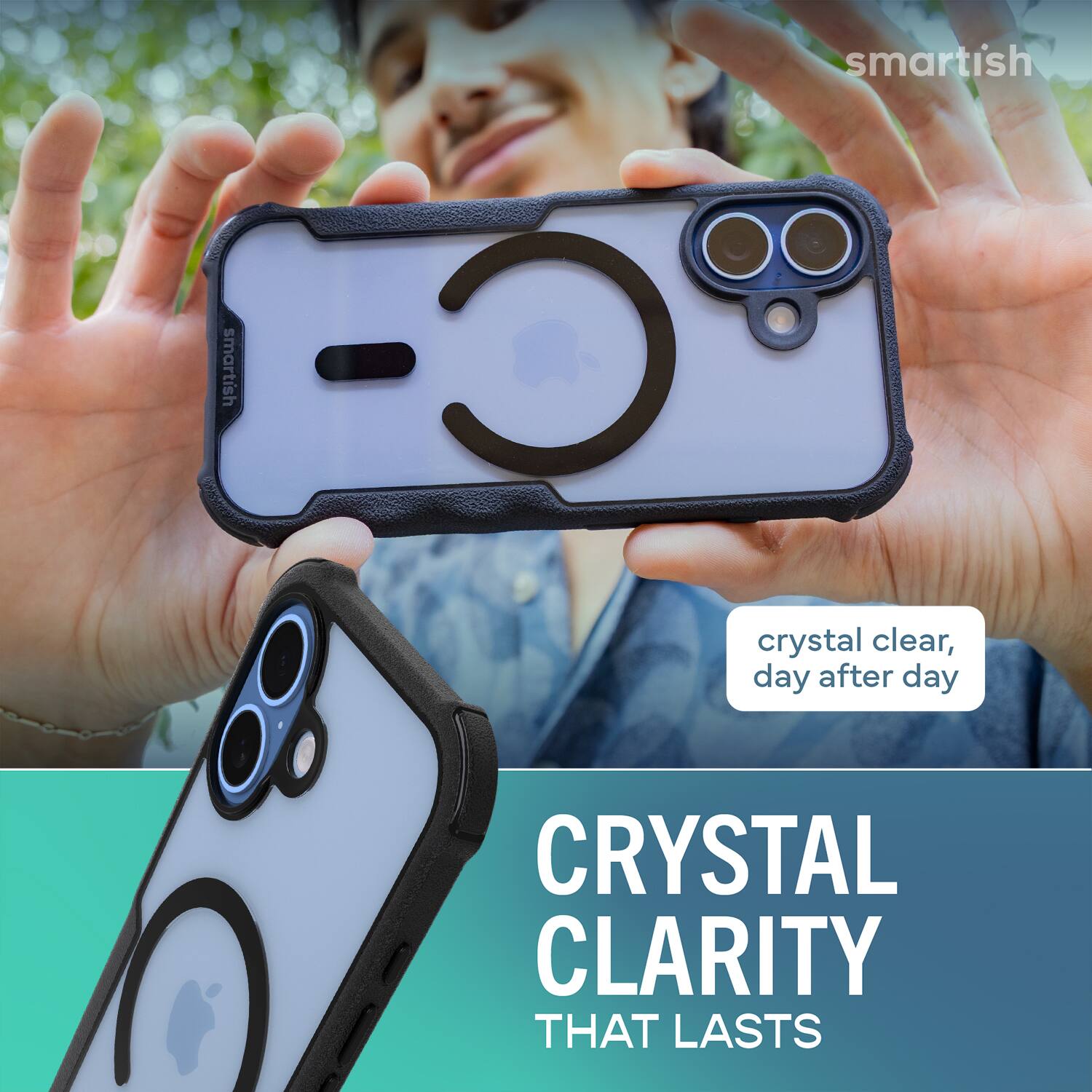 smartish  
smartish  
crystal clear, day after day  
CRYSTAL CLARITY THAT LASTS