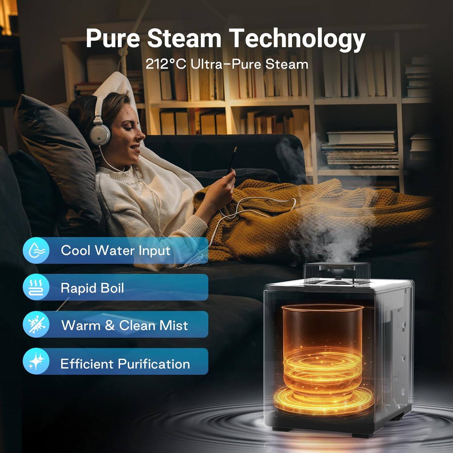 Pure Steam Technology, 212°C Ultra-Pure Steam, Cool Water Input, Rapid Boil, Warm & Clean Mist, Efficient Purification