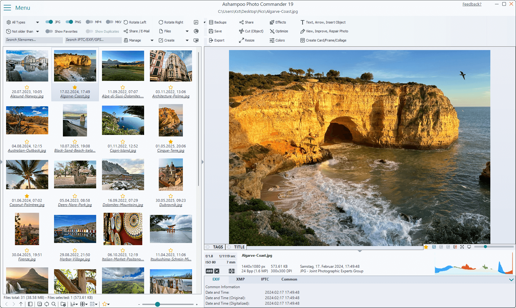 Menu  
Ashampoo Photo Commander 19  
C:\Users\Kst\Desktop\Pics\Algarve-Coast.jpg  

Feedback? | X  

All Types: JPG PNG MP4 MKV  
Not older than  

Search filenames...  
Search IPTC/EXIF/GPS...  

Rotate Left  
Rotate Right  
Tiles  
Create Backups  
Save  
Export  
Share  
Cut (Object)  
Resize  
Effects  
Optimize  
Colors  
Text, Arrow, Insert Object  
View, Improve, Repair Photo  
Create Card/Frame/Collage  

17.02.2024 17:49 Algarve-Coast.jpg  
11.09.2022 07:07 Alpe-di-Siusi-Dolomites.jpg  
03.11.2022 13:06 Architecture.jpg  
04.08.2024 12:15 Australian-Outback.jpg  
10.07.2025 19:08 Black-Sand-Beach-Kle...  
01.11.2022 12:52 Copri-Island.jpg  
01