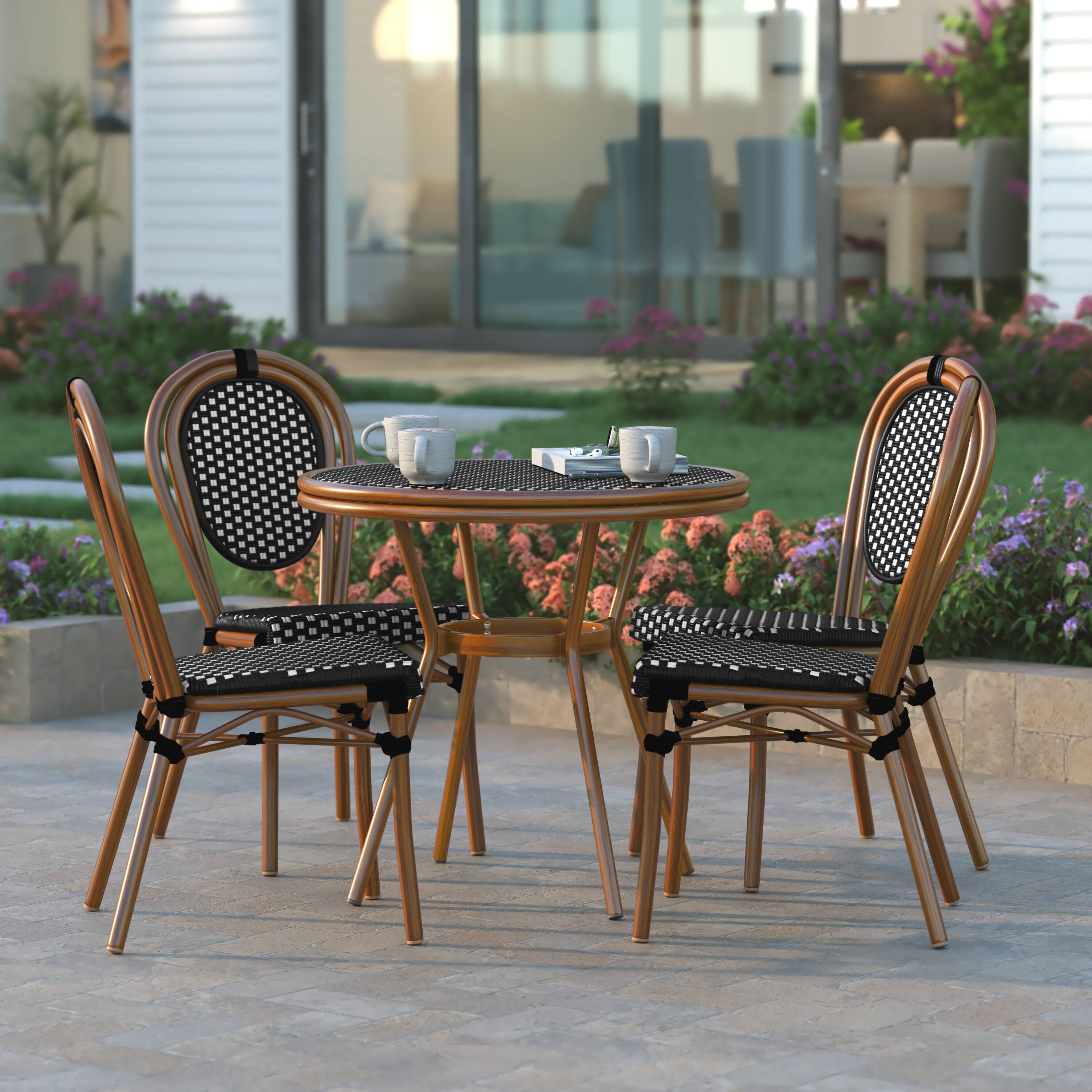 Alt View 3. Emma + Oliver - Colmar Indoor/Outdoor Bistro Style 31.5 in. Table with PE Rattan, Glass Top, and Four Chairs - Metal Frame - Black & White Rattan/Natural Frame.