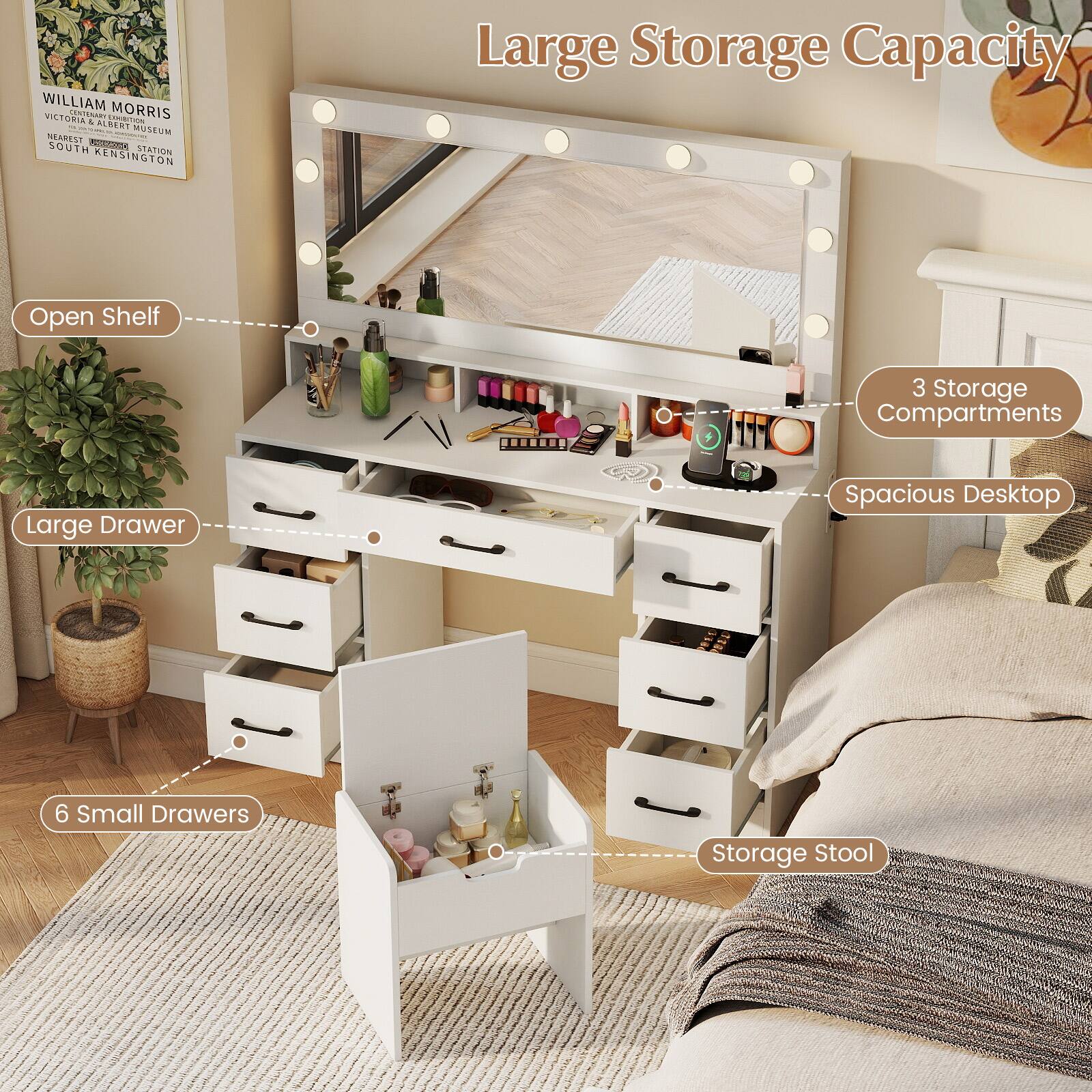 WILLIAM MORRIS  
VICTORIA & ALBERT MUSEUM  
SOUTH KENSINGTON  

Large Storage Capacity  
Open Shelf  
Large Drawer  
3 Storage Compartments  
Spacious Desktop  
6 Small Drawers  
Storage Stool