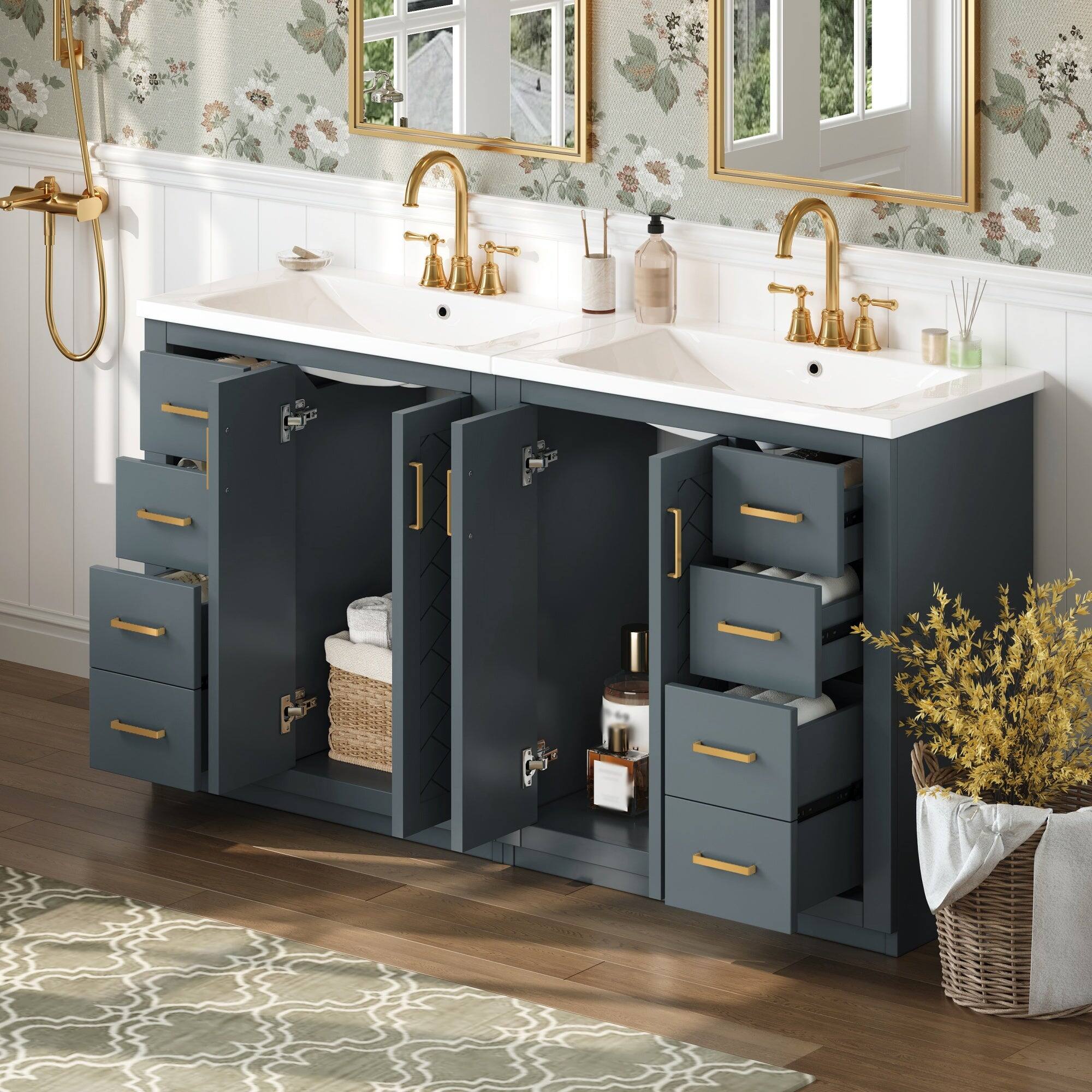 Alt View 2. Boyel Living - 24 Inch Freestanding Bathroom Vanity with Ceramic Sink Three Drawers Solid Wood Frame Blue - Blue.