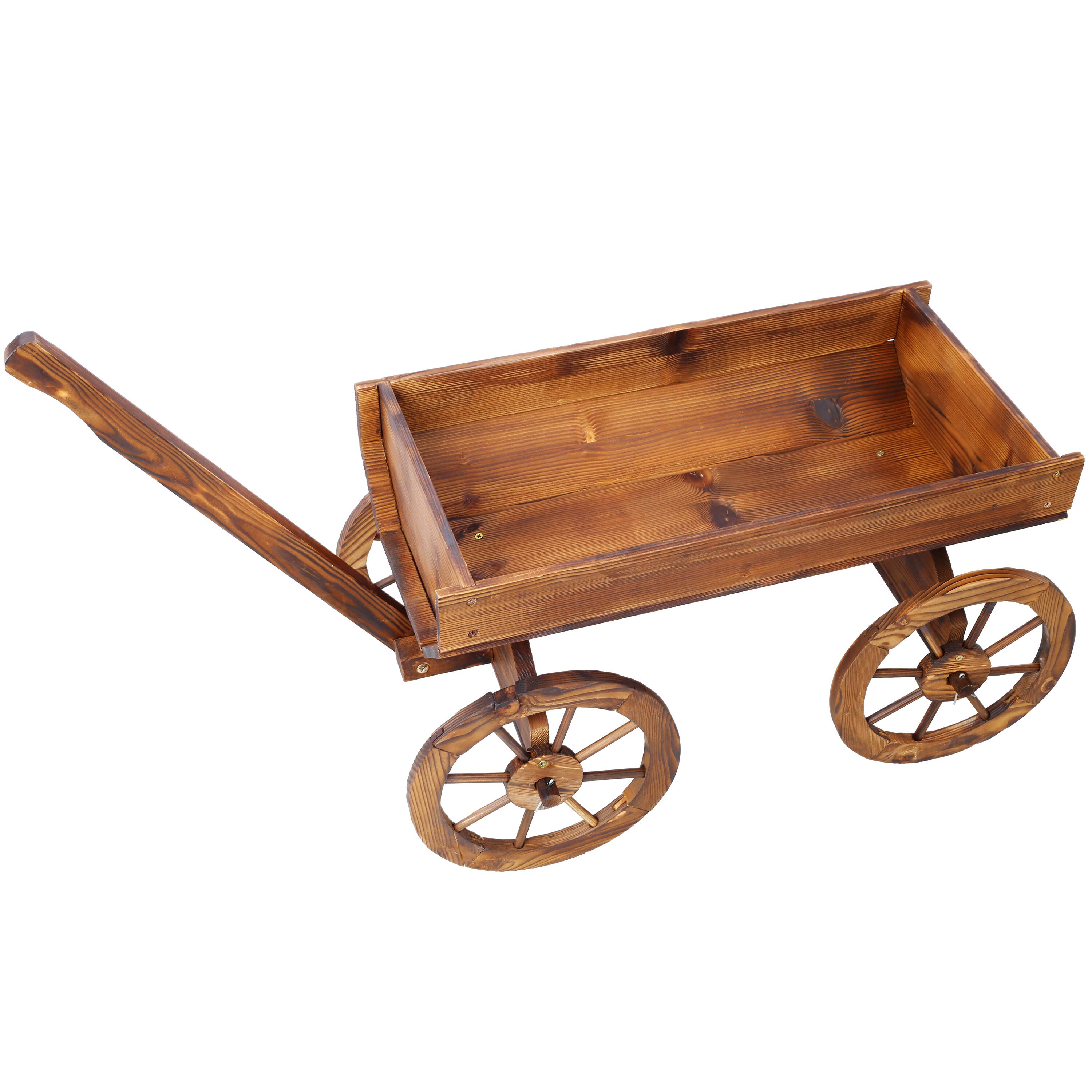 Back. GOODSILO - Rustic Wood Wagon Planter with Wheels - Decorative Outdoor Garden Flower Pot Stand - Brown.