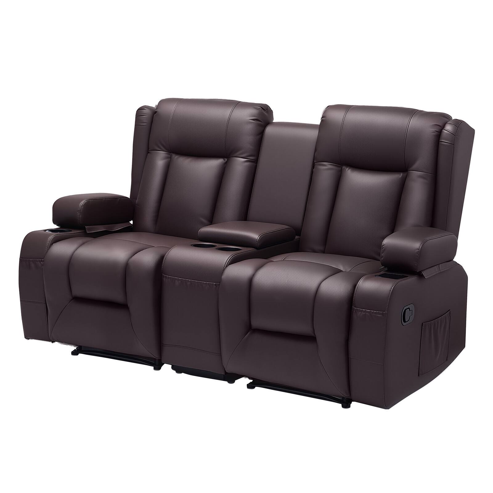 Front. VEVOR - Loveseat Recliner Sofa, Manual Reclining Couch with Center Console, PU Faux Leather Recliner Sofa with USB Ports - Brown.