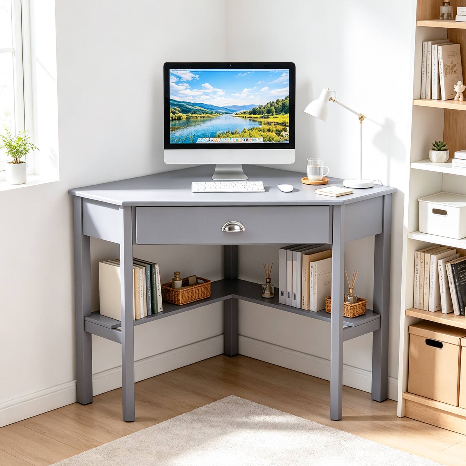 Alt View 3. Gymax - Gymax Space-saving Triangular Computer Desk w/ Solid Wood Legs for living room Hallway Home Office Gray - Gray.