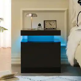 Meqiodas - Nightstand LED Bedside Table Cabinet Lights Modern End Side with 2 Drawers for Bedroom - Black