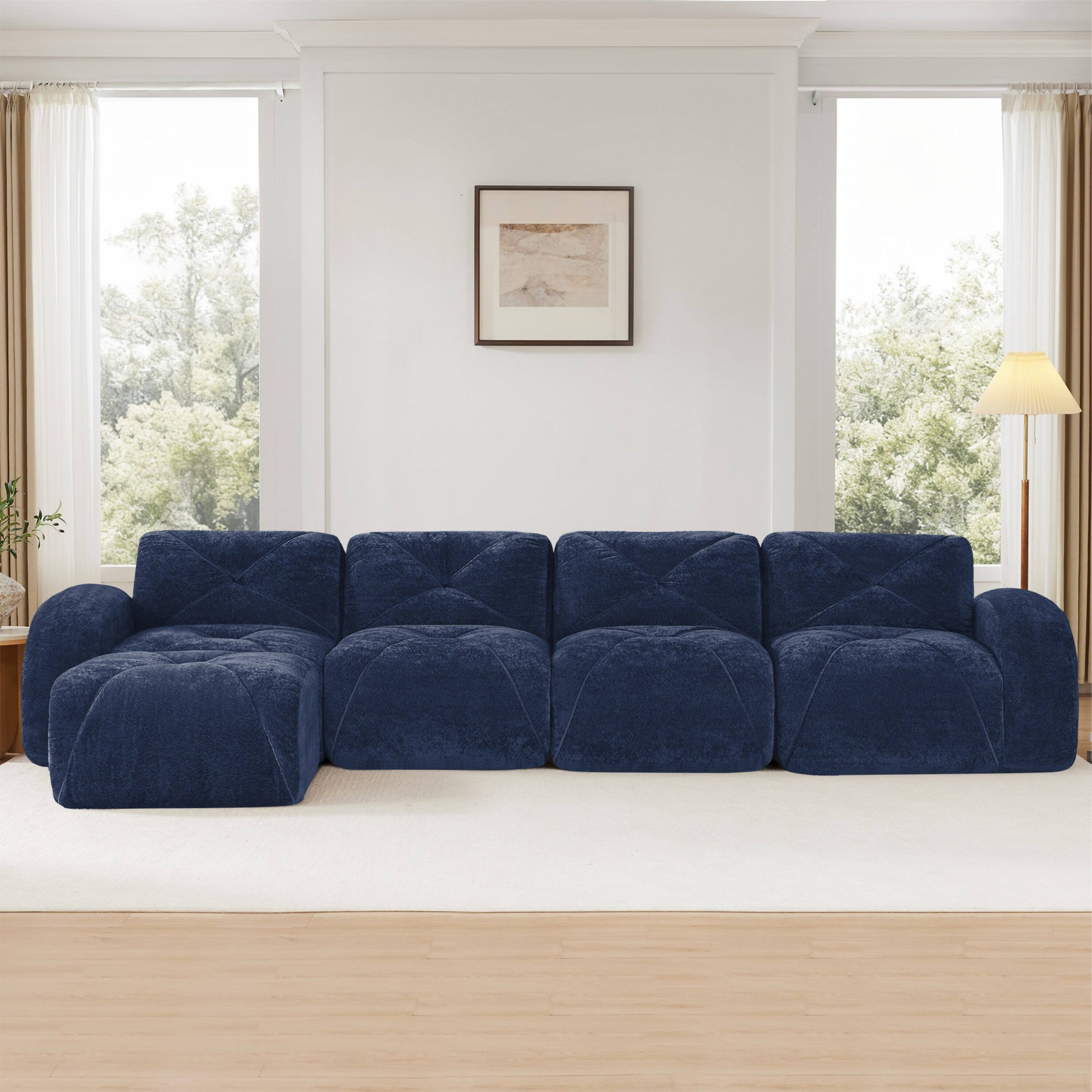 Alt View 1. Boyel Living - L Shaped Velvet Tufted Sofa Movable Ottoman 32D HD Sponge Ergonomic Anti Slip Free Combo No Assembly Living Room Blue - Blue.