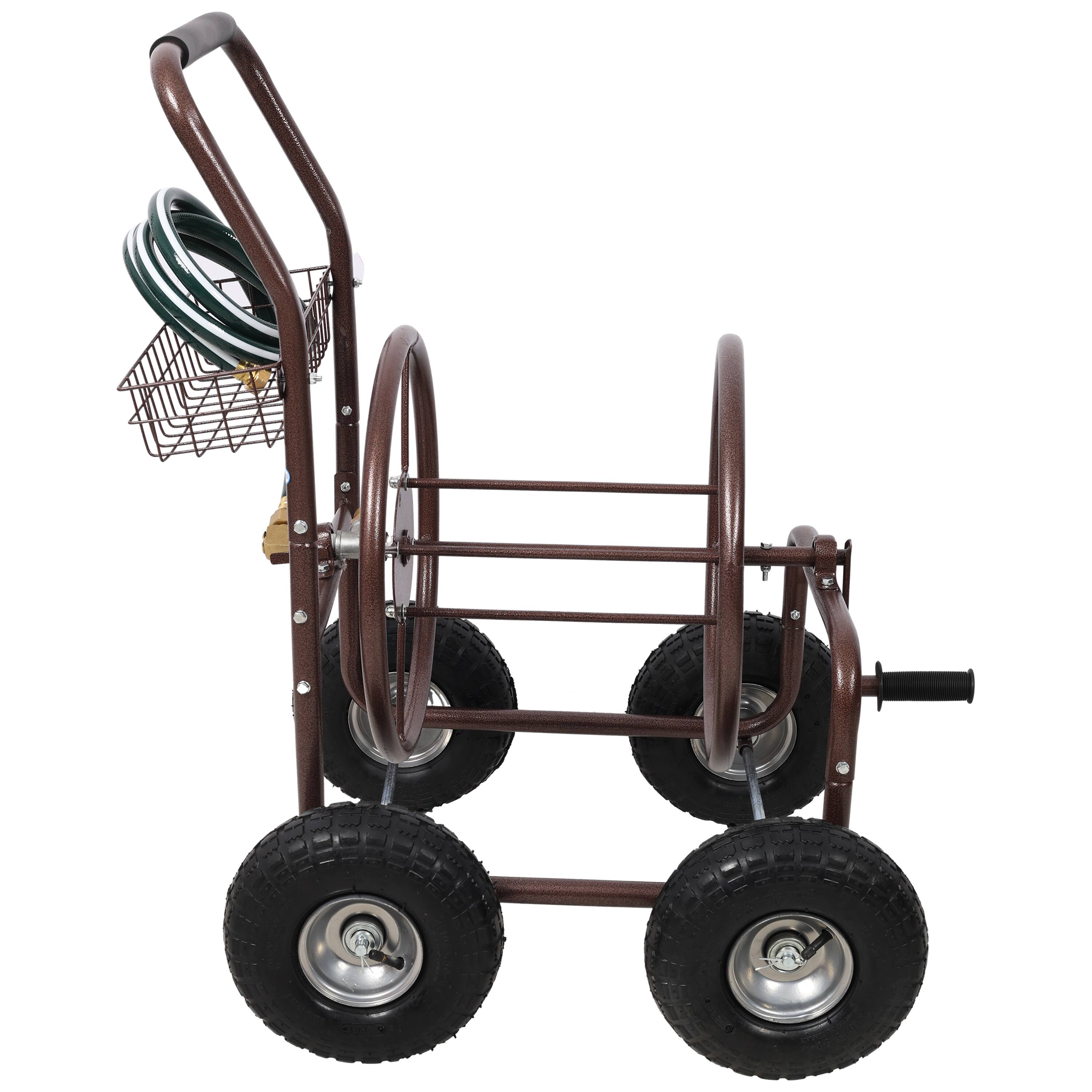 Left. APRILSOUL - Expressions Metal Hose Reel Cart with Wheels - Heavy Duty Hose Caddie - 250 Ft Hose Capacity - Bronze.