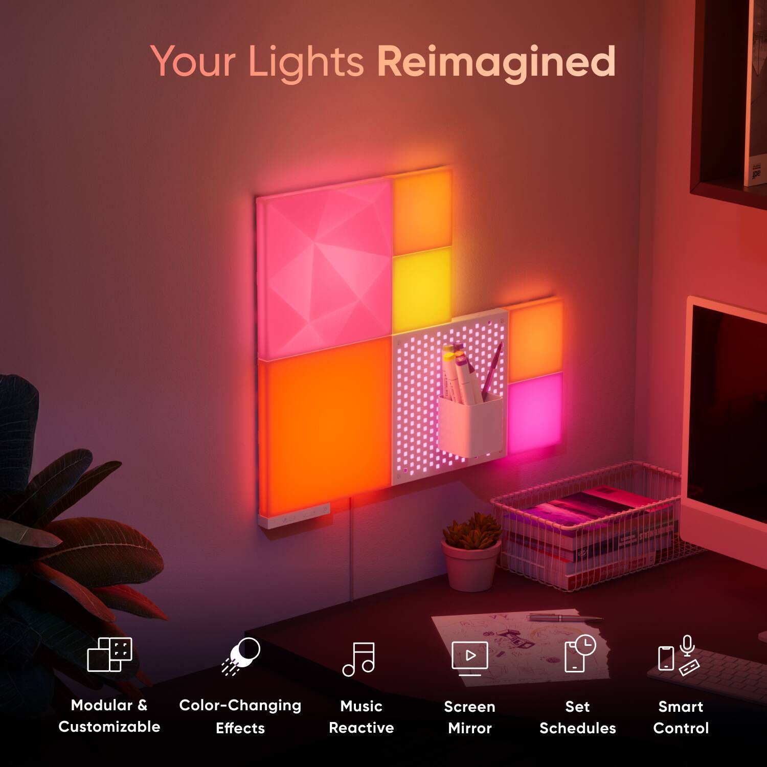 Your Lights Reimagined: Modular & Color-Changing Music Customizable Effects Reactive Screen Mirror Set Smart Schedules Control