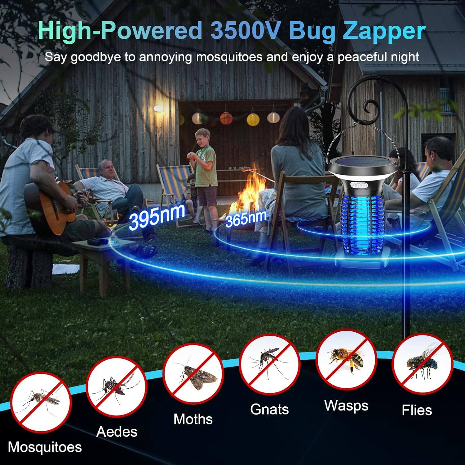 High-Powered 3500V Bug Zapper  
Say goodbye to annoying mosquitoes and enjoy a peaceful night  

395nm 365nm  

Aedes Mosquitoes  
Moths  
Gnats  
Wasps  
Flies