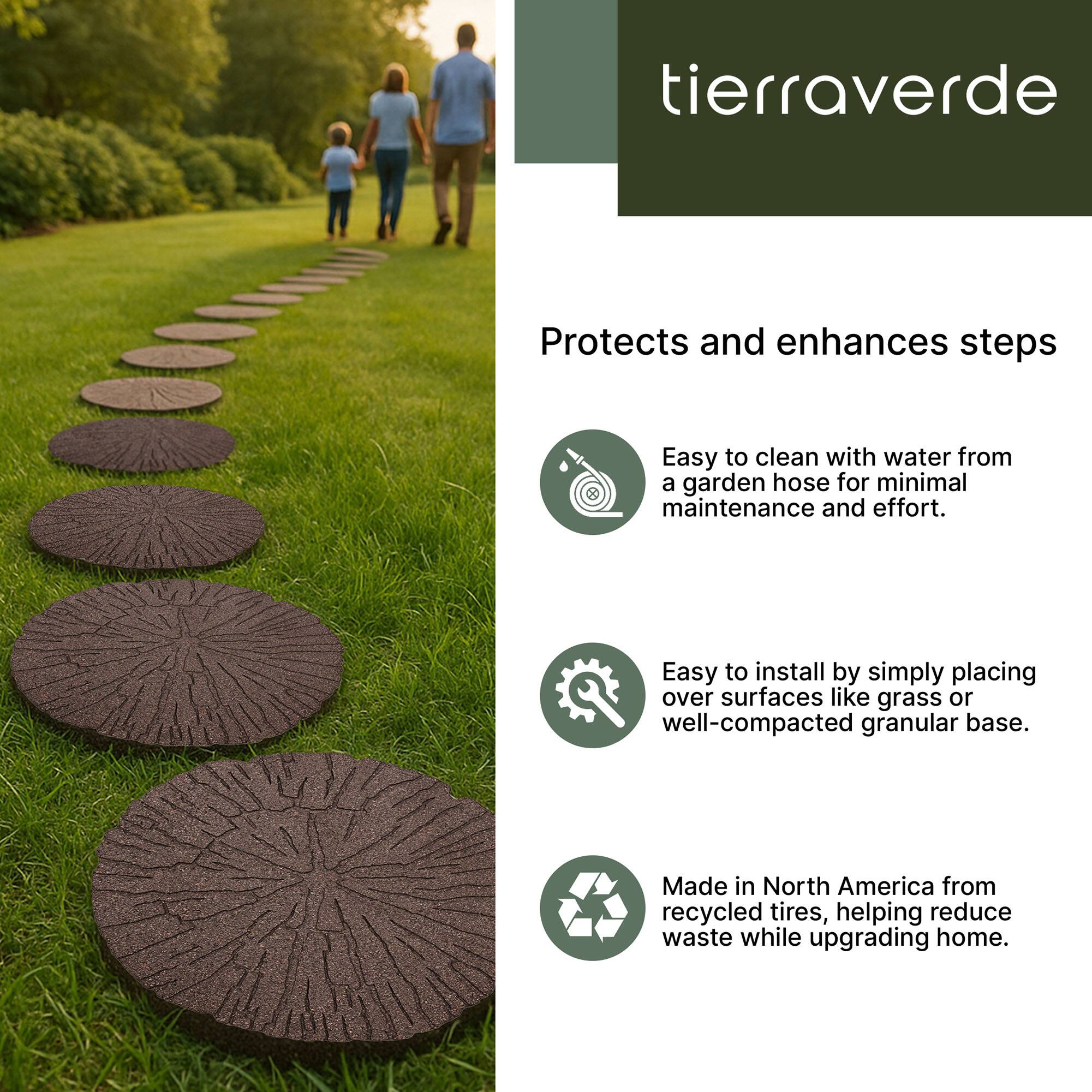 tierraverde Protects and enhances steps Easy to clean with water from a garden hose for minimal maintenance and effort. Easy to install by simply placing over surfaces like grass or well-compacted granular base. Made in North America from recycled tires, helping reduce waste while upgrading home.