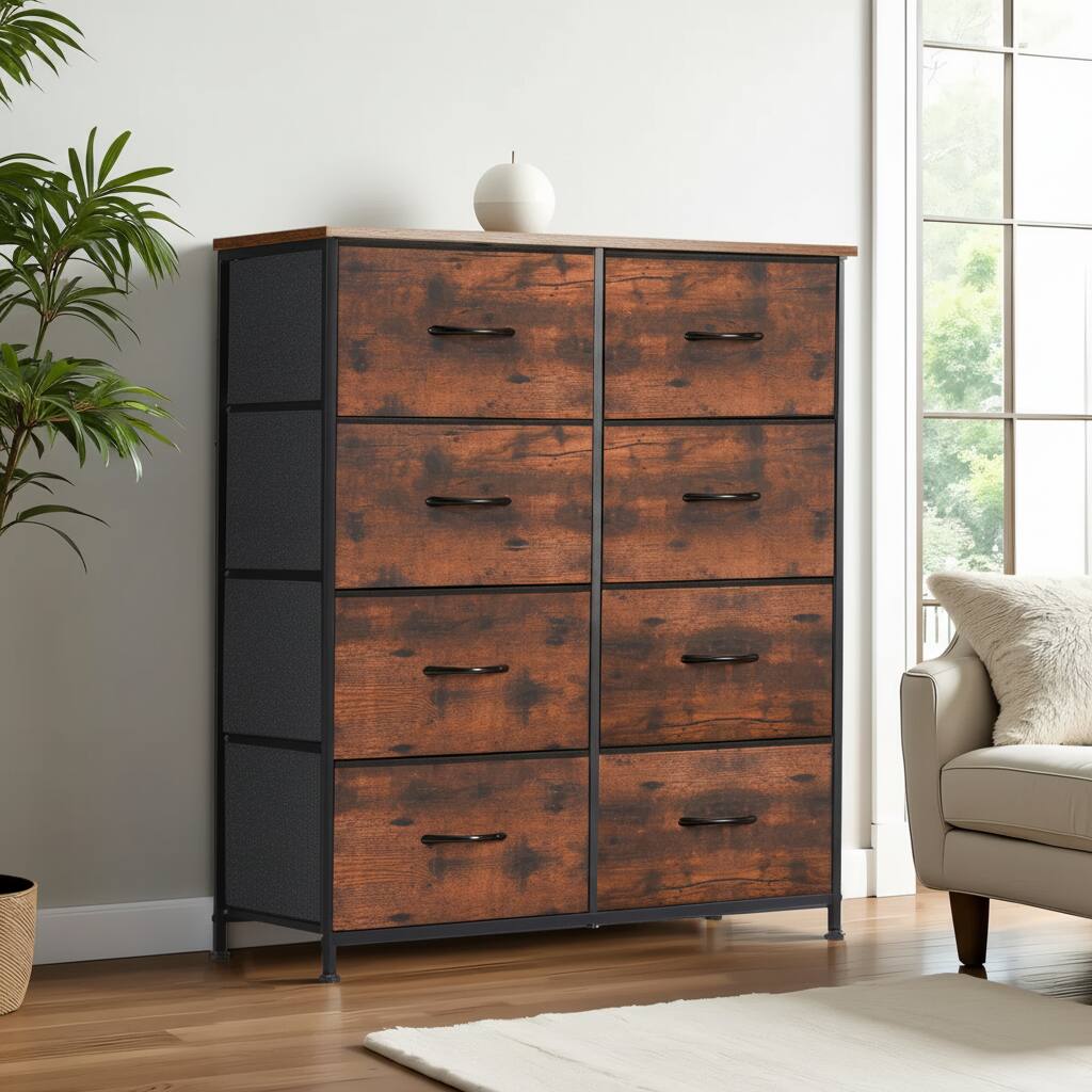 Alt View 2. AOITUN - Large Bedroom Dresser for Daily Use, Rustic 8-Drawer Wood Storage Tower, Wide Organizer for Clothes - Steel.