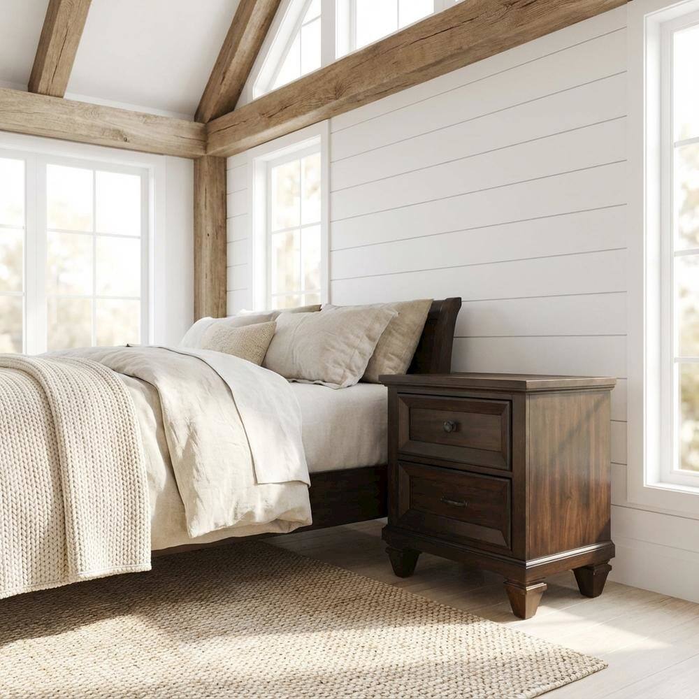 Angle. FurniFact - Walnut Solid Wood Nightstand with Two Drawers for Bedroom Storage - Walnut.