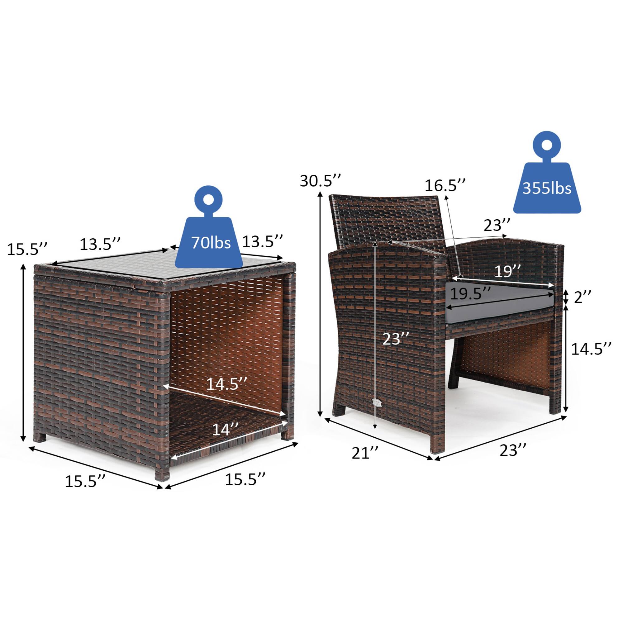 70lbs, 13.5", 13.5", 15.5", 15.5", 14.5", 14", 15.5", 15.5", 14.5", 14.5", 23", 21", 23", 19.5", 19", 16.5", 30.5", 2", 355lbs