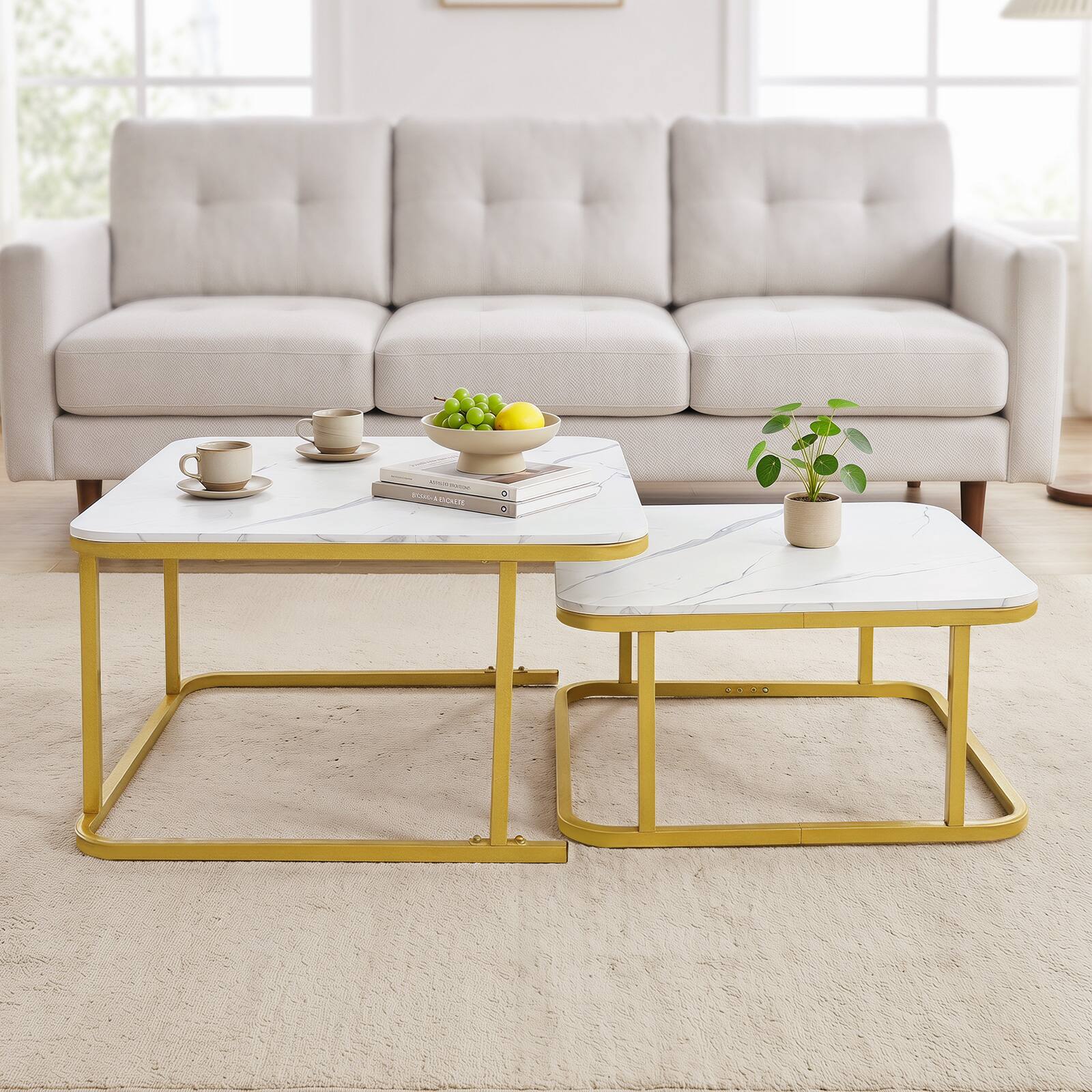 Alt View 4. Costway - Costway Nesting Coffee Table Set of 2 with Faux Marble Tabletop & Metal Frame for Home - White & Gold.