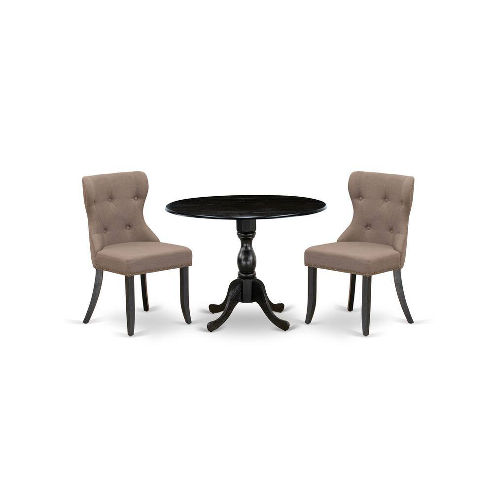 Left. East West Furniture - East West Furniture DMSI3-ABK-48 3 Piece Dining Set Consists of 1 Drop Leaves Dining Table and 2 Coffee Linen Fabric - Wire Brush Black.