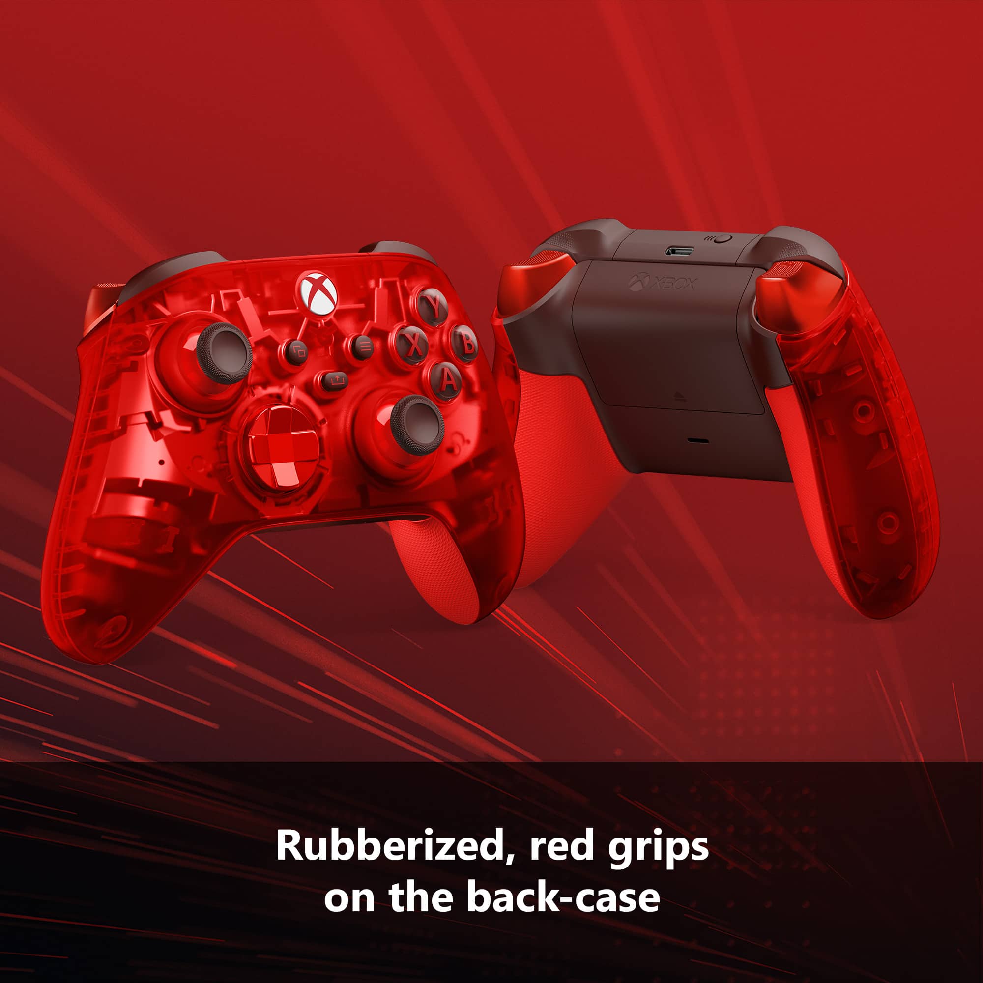 Xbox One controller with rubberized, red grips on the back-case.