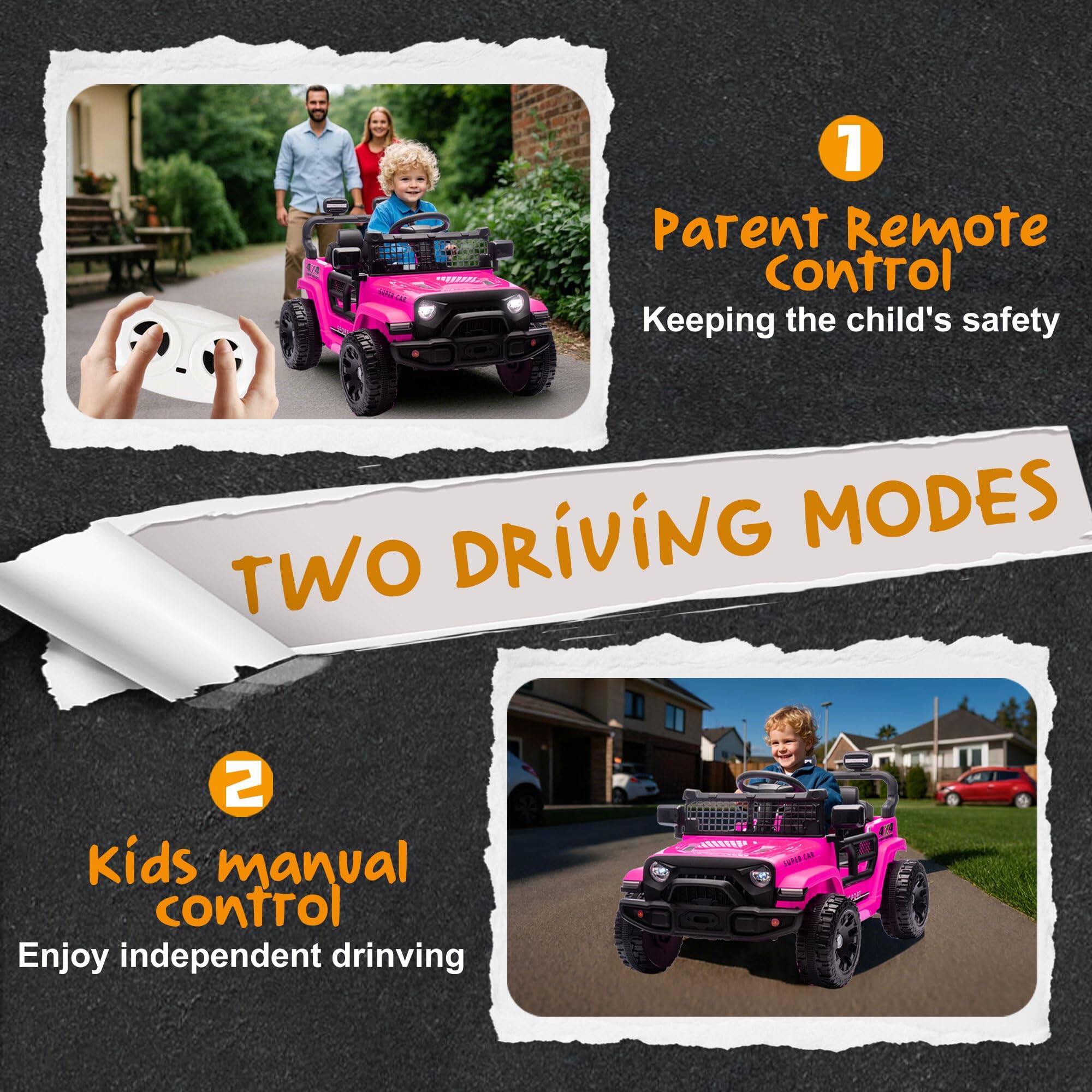 1. Parent Remote Control  
   Keeping the child's safety

2. Kids manual control  
   Enjoy independent driving

TWO DRIVING MODES