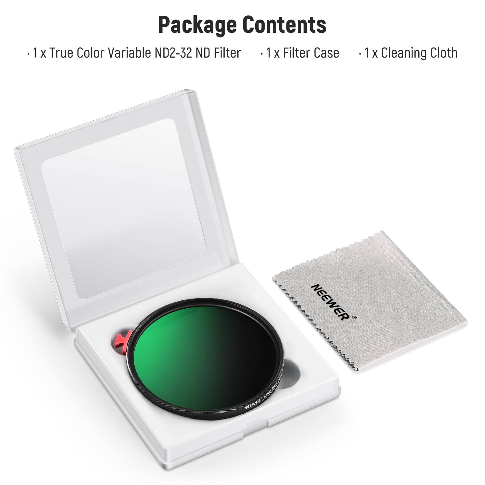 Package Contents
- 1 x True Color Variable ND2-32 ND Filter
- 1 x Filter Case
- 1 x Cleaning Cloth