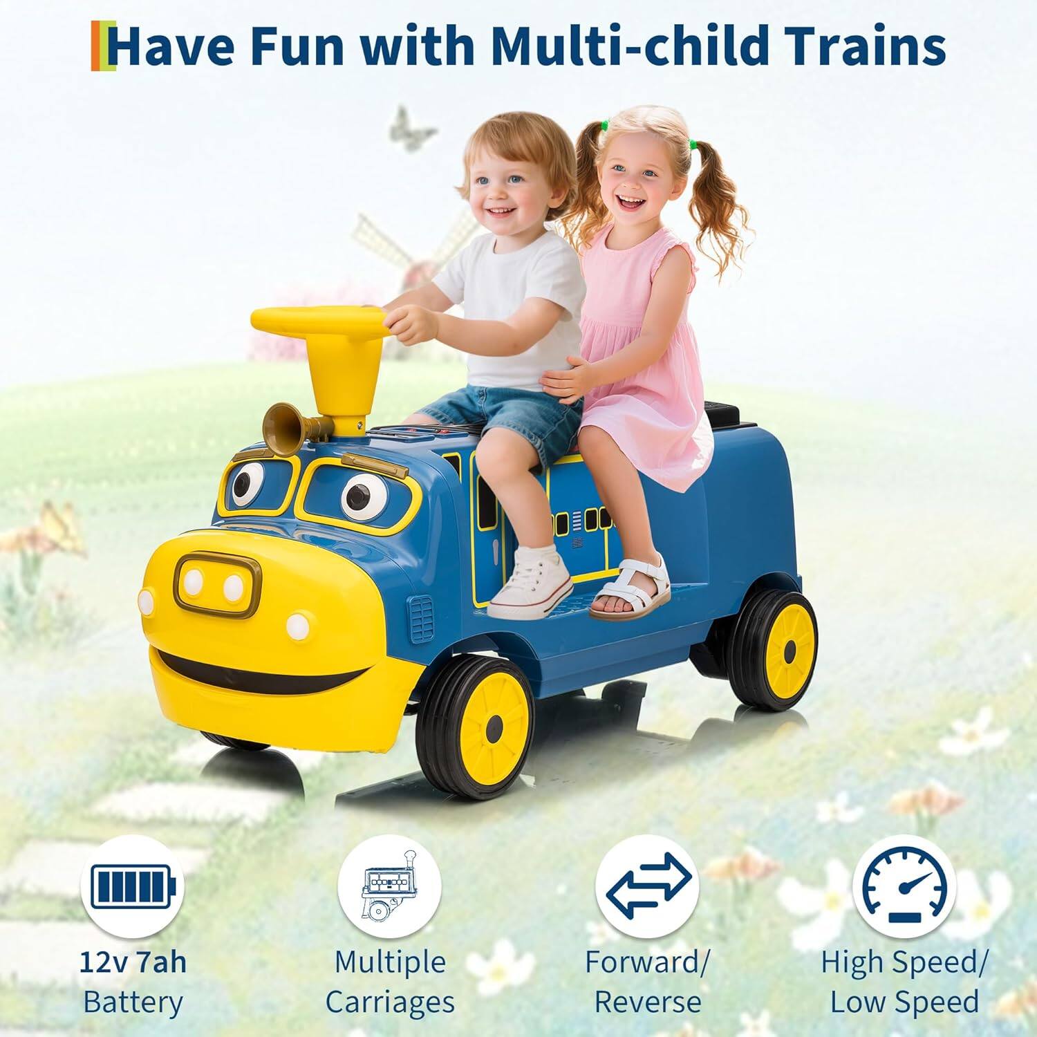 Have Fun with Multi-child Trains

- 12v 7ah Battery
- Multiple Carriages
- Forward/Reverse
- High Speed/Low Speed
