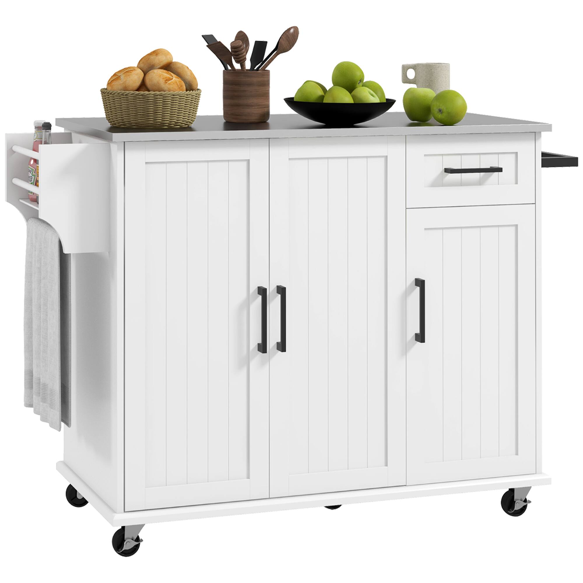 Front. Homcom - Kitchen Island Cart with Storage, Rolling Kitchen Island on Wheels with Drawer, 3 Cabinets, Stainless Steel Counter top - White.
