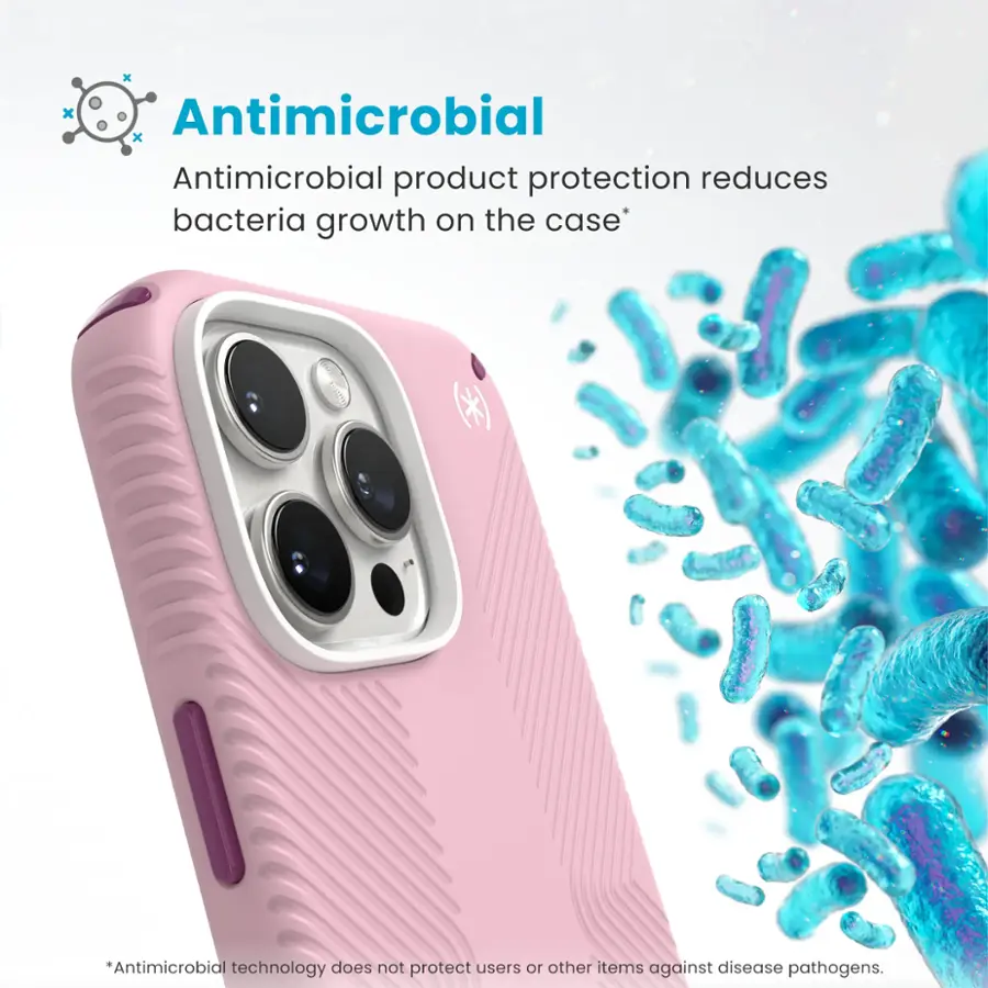 Antimicrobial product protection reduces bacteria growth on the case. Antimicrobial technology does not protect users from other items against disease pathogens.