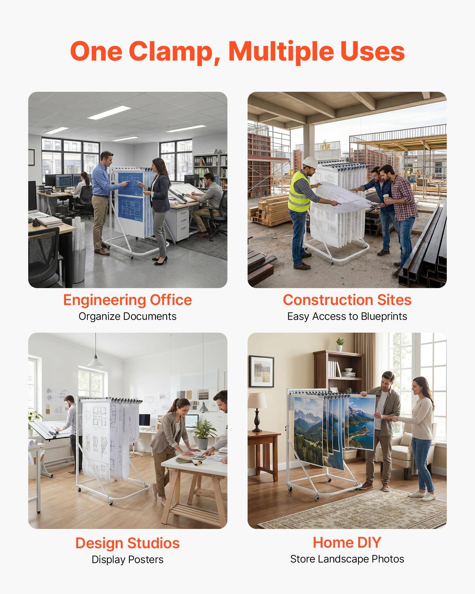 One Clamp, Multiple Uses

Engineering Office
Organize Documents

Construction Sites
Easy Access to Blueprints

Design Studios
Display Posters

Home DIY
Store Landscape Photos