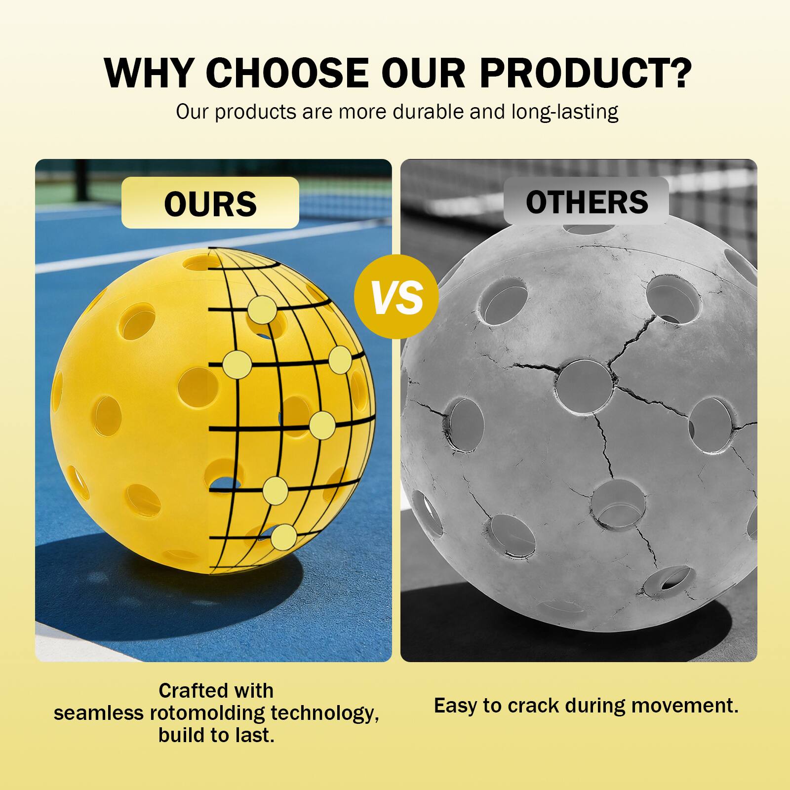 WHY CHOOSE OUR PRODUCT?  
Our products are more durable and long-lasting  

OURS vs OTHERS  

Crafted with seamless rotomolding technology, build to last.  
Easy to crack during movement.