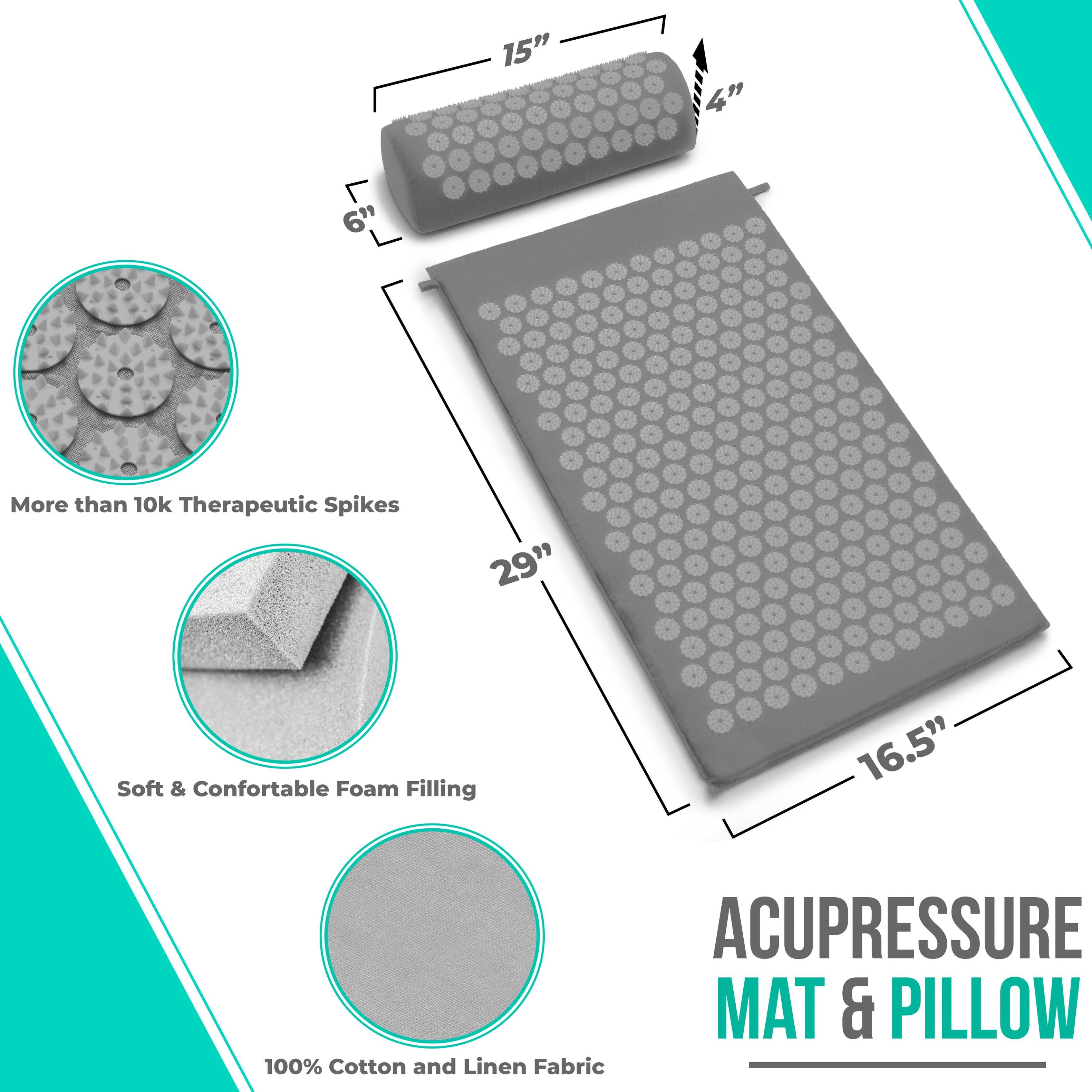 15" x 4" x 6"  
More than 10k Therapeutic Spikes  
29" x 16.5"  
Soft & Comfortable Foam Filling  
100% Cotton and Linen Fabric  
ACUPRESSURE MAT & PILLOW