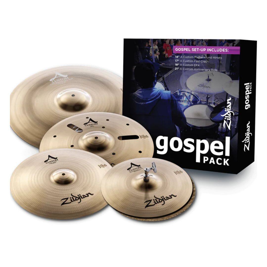 GOSPEL SET-UP INCLUDES:  
- 14" A Custom Mastersound Hi-Hats  
- 17" A Custom Fast Crash  
- 18" A Custom EFX  
- 21" A Custom Anniversary Ride  

PACK: gospel Zildjian