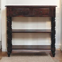 Artisan Furniture - Solid Wood Turned legs Cherry Side Table, 2 Drawers & 2 Shelves - Dark Brown