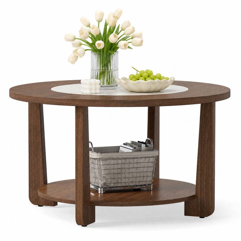Left. WELLFOR - Farmhouse Round Coffee Table with 2-Tone Tabletop, Accent Center Table with Open Storage Shelf for Living Room - Brown.