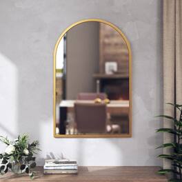 Emma + Oliver - Harlowe Slim Metal Framed Arched Wall Mirror for Hallways, Entryways, Dining and Living Rooms - Gold