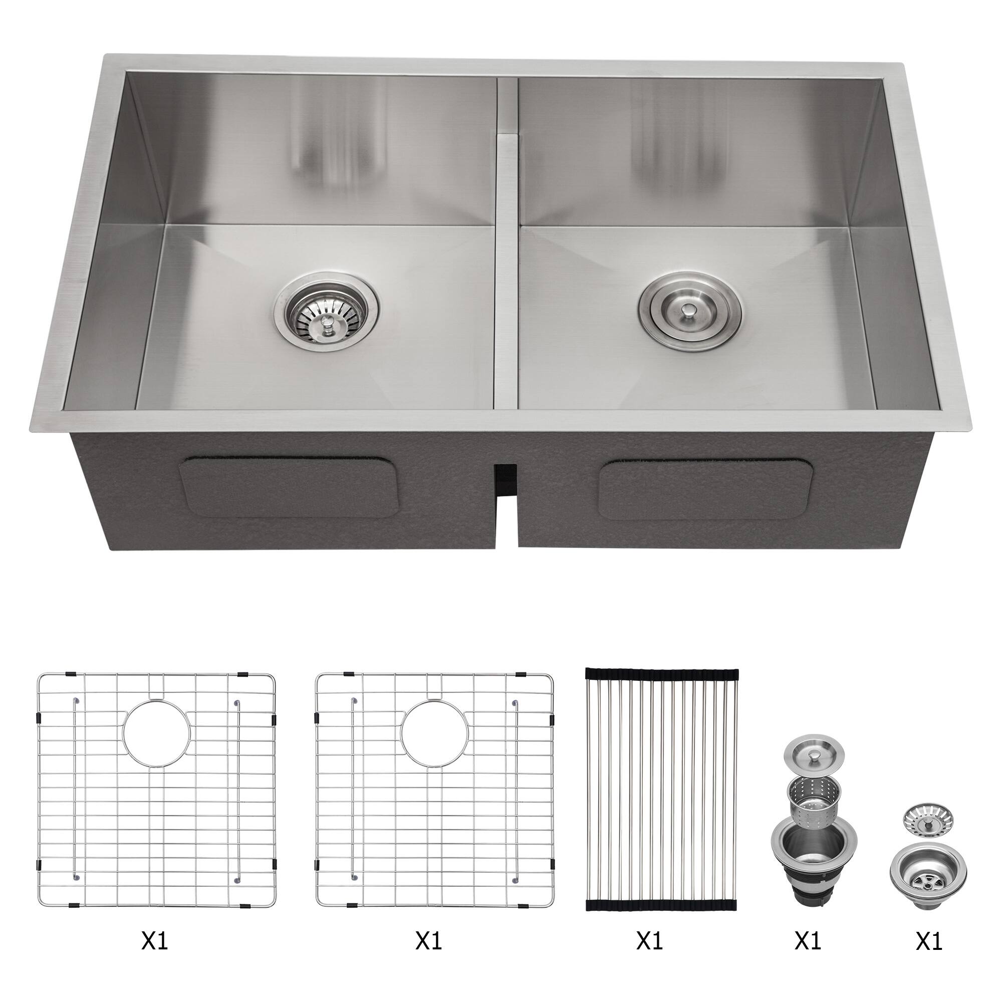 Left. Siljoy - Double Bowl(50/50) Undermount Sink- 33"x19"x10" Double Bowl Kitchen Sink 16 Gauge with Two 10" Deep Basin - Brushed Nickel.
