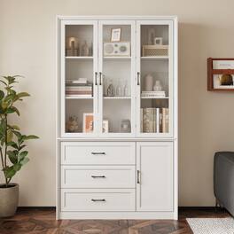 FUFU & GAGA - Multi-Purpose Large Glass Door Storage Cabinet with Shelves and Drawers for Living Room or Kitchen - White