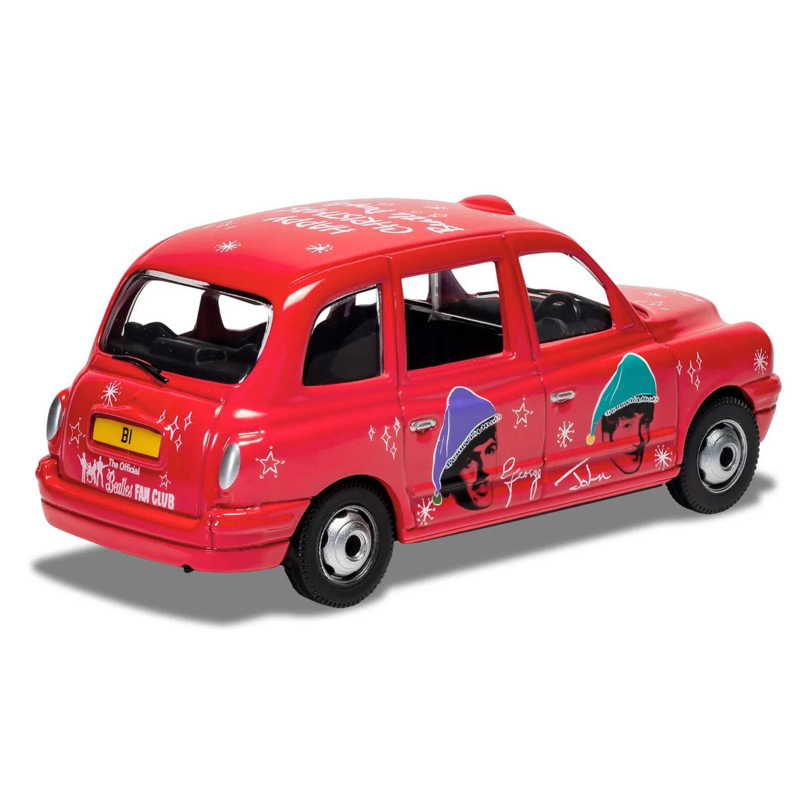 A red car with the text "The Official Beatles Fan Club" and "BI" on the license plate.