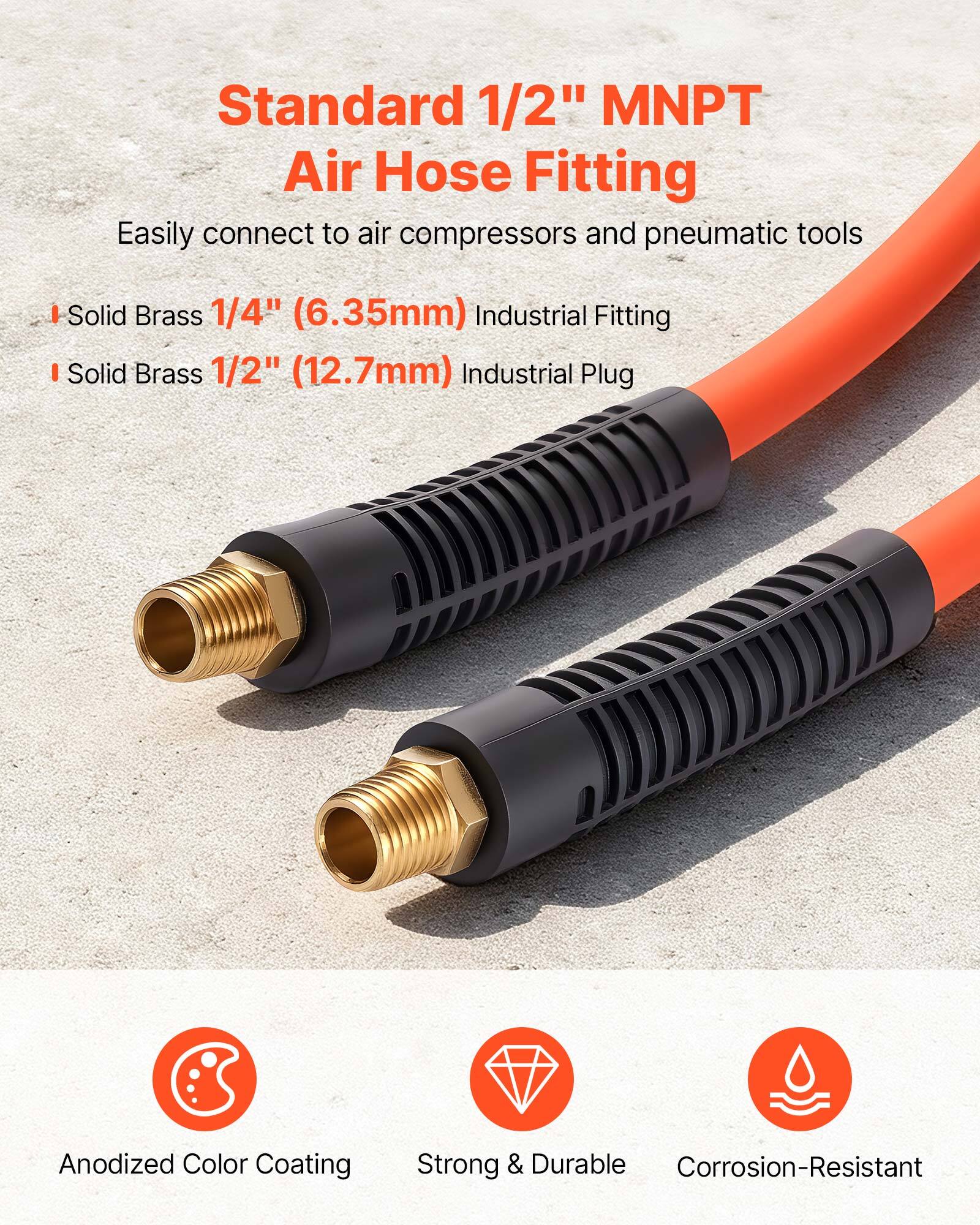 Standard 1/2" MNPT Air Hose Fitting  
Easily connect to air compressors and pneumatic tools  

- Solid Brass 1/4" (6.35mm) Industrial Fitting  
- Solid Brass 1/2" (12.7mm) Industrial Plug  

Anodized Color Coating  
Strong & Durable  
Corrosion-Resistant