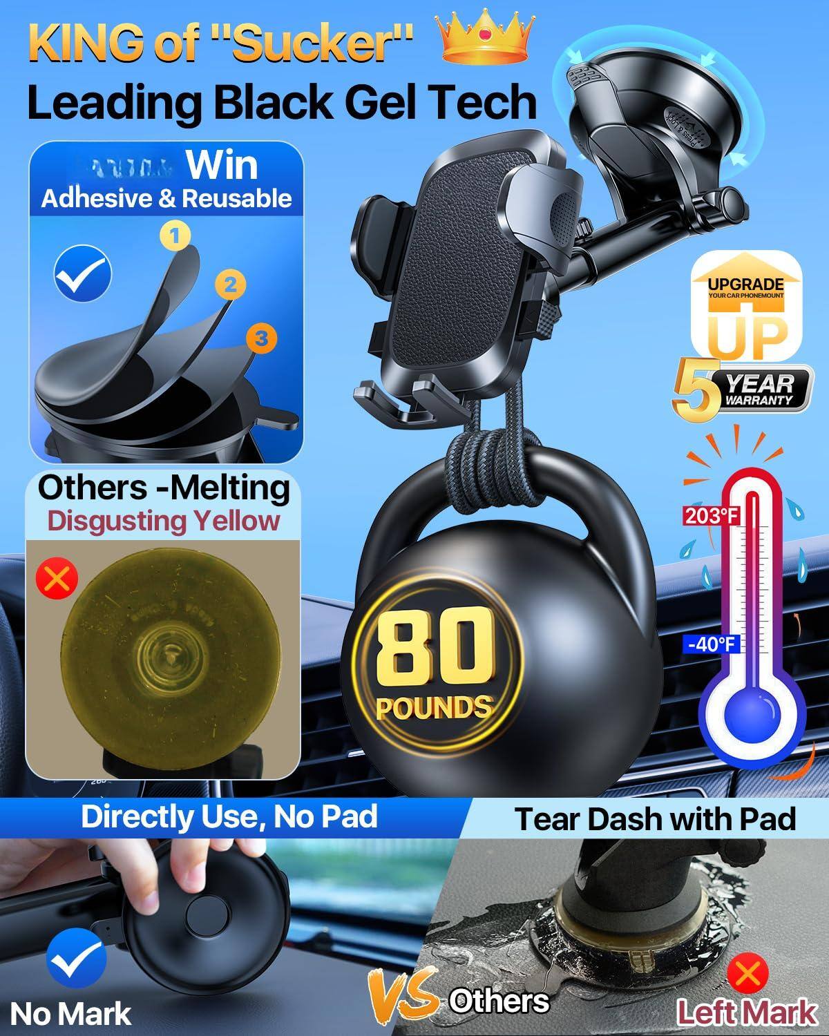 **KING of "Sucker"**  
**Leading Black Gel Tech**

- **Win**  
  Adhesive & Reusable  
  1  
  2  
  3

- **Others - Melting**  
  Disgusting Yellow

- **Directly Use, No Pad**  
  No Mark

- **Tear Dash with Pad**  
  Others  
  Left Mark

- **UPGRADE**  
  YOUR CAR PHONE MOUNT UP

- **5 YEAR WARRANTY**

- **203°F**  
  **-40°F**