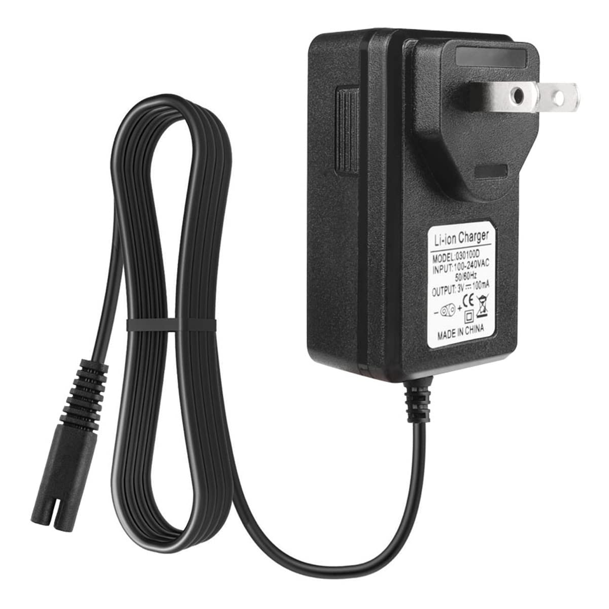 Li-ion Charger  
MODEL: 0301000  
INPUT: 100-240VAC 50/60Hz  
OUTPUT: 3V 100mA  
CE  
MADE IN CHINA