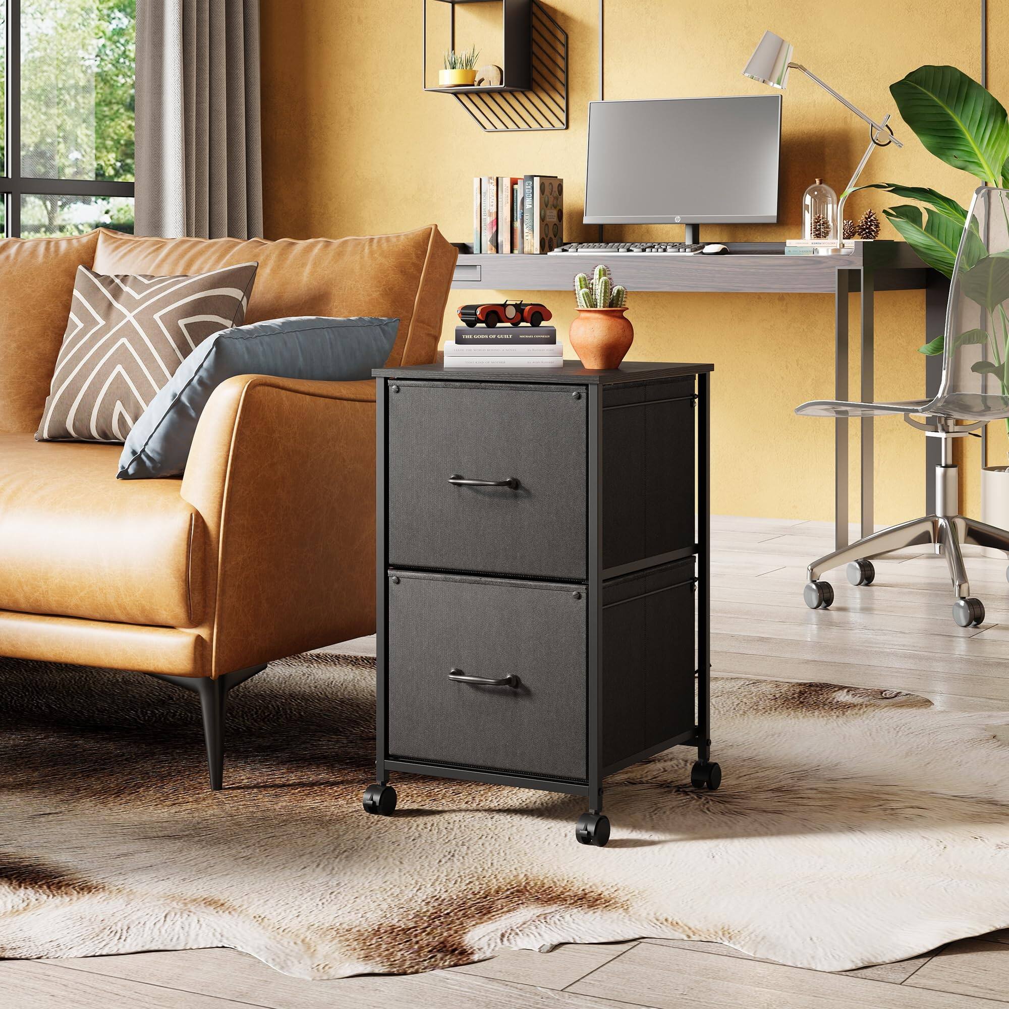 Left. Hirose Alice - 2 Drawer Mobile File Cabinet Rolling Printer Stand Fabric Vertical Filing Fits A4 Or Letter Size For Home - Rustic Brown Wood Grain Print.